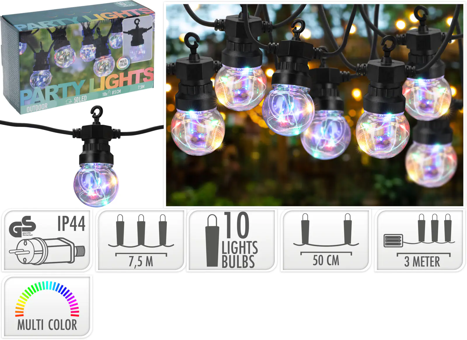 LED Lichterkette Party Lights RGB mit 10 Leuchtköpfen