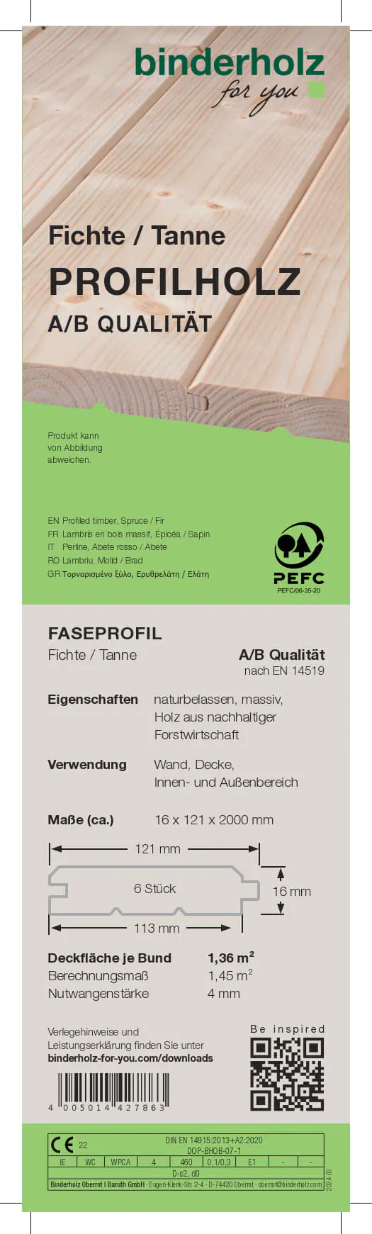 Profilholz Fichte Tanne A B-Sortierung Faseprofil 200 x 12,1 cm 16 mm