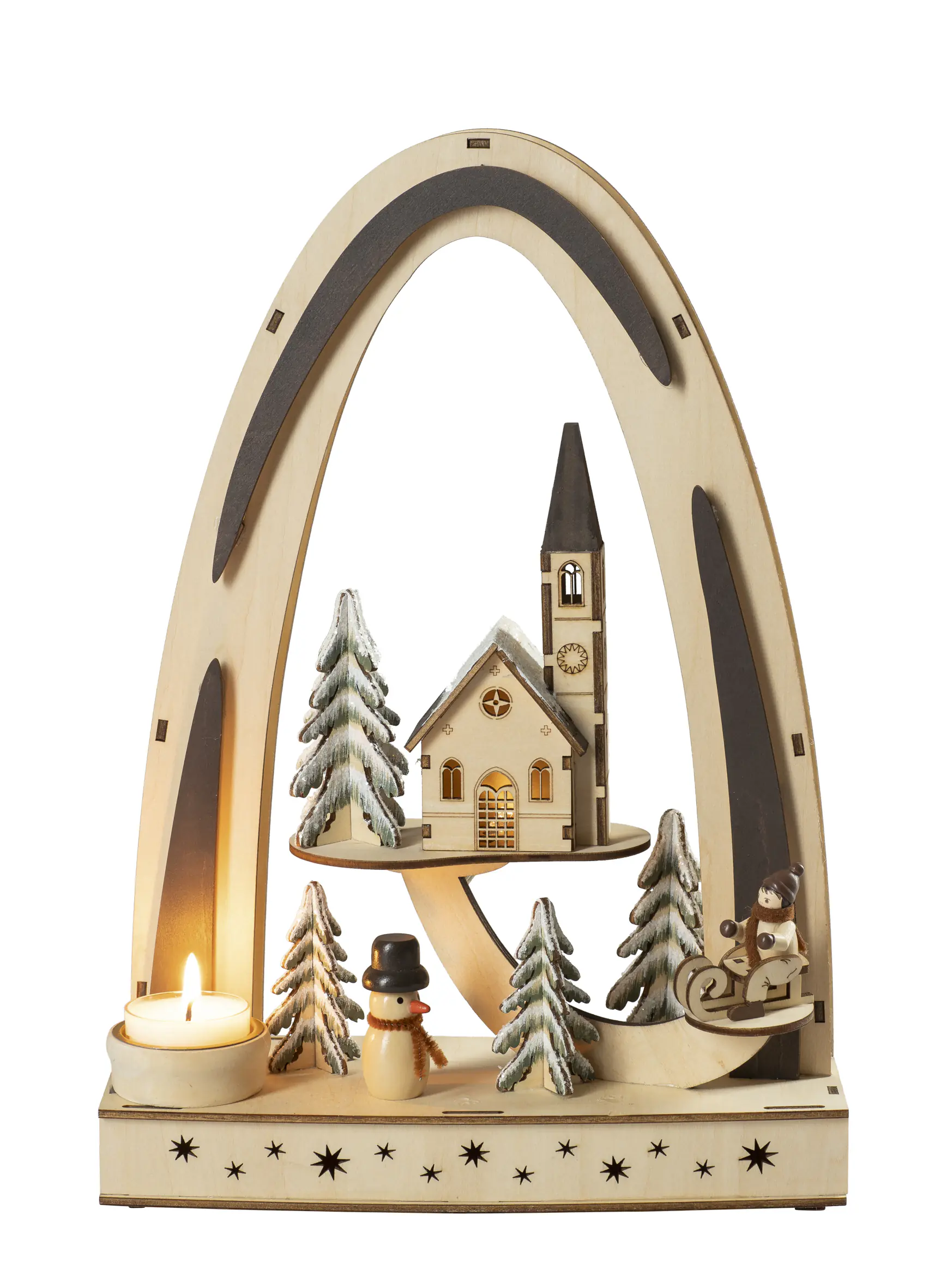 HGD Lichterbogen Kirche im Wald mit 1 Teelichthalter & Timer 23 x 33 cm warmweiß natur