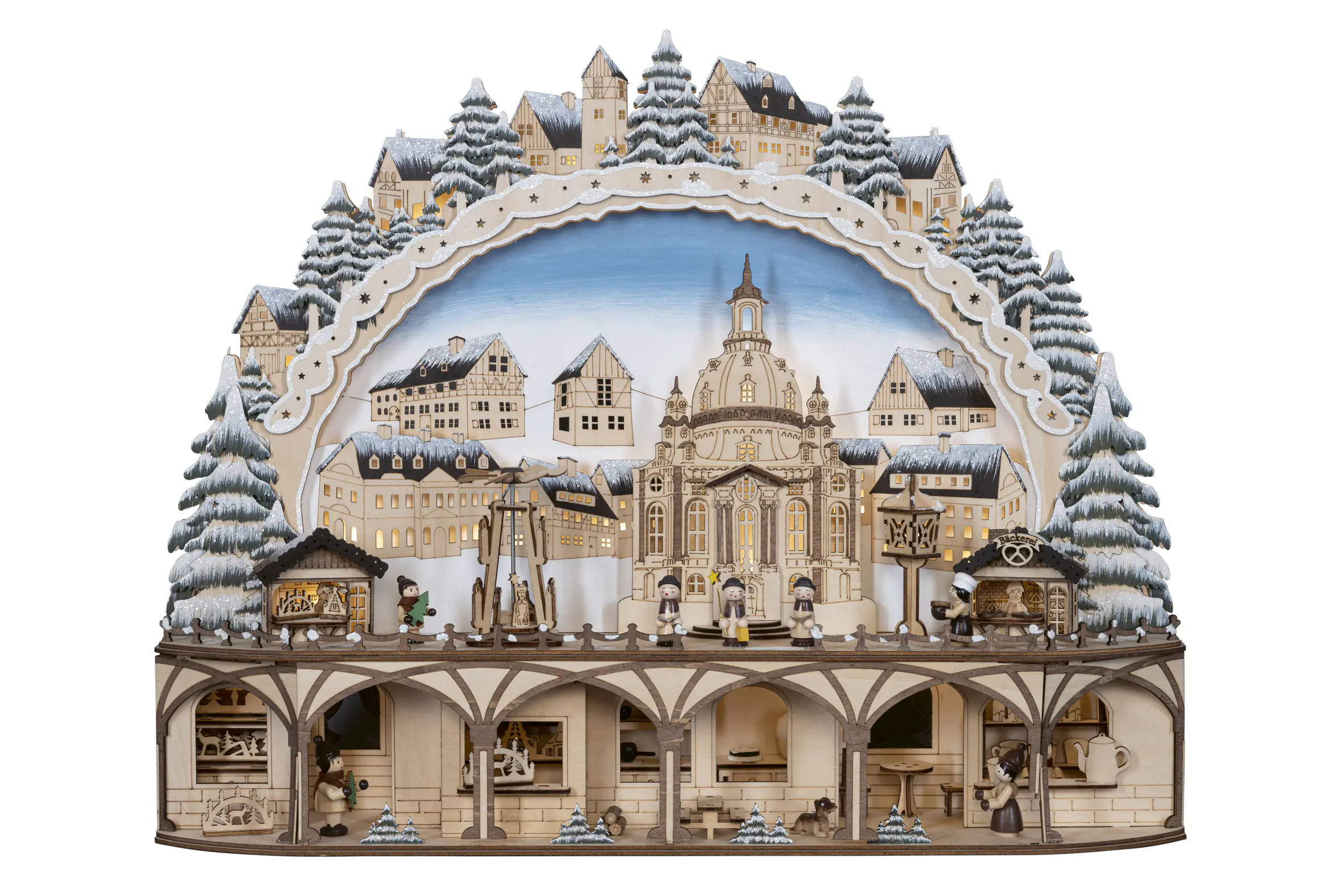 HGD LED-Schwibbogen Dresden im Winter mit beweglicher Pyramide & Timer 19-flammig 60 x 49 cm braun/creme