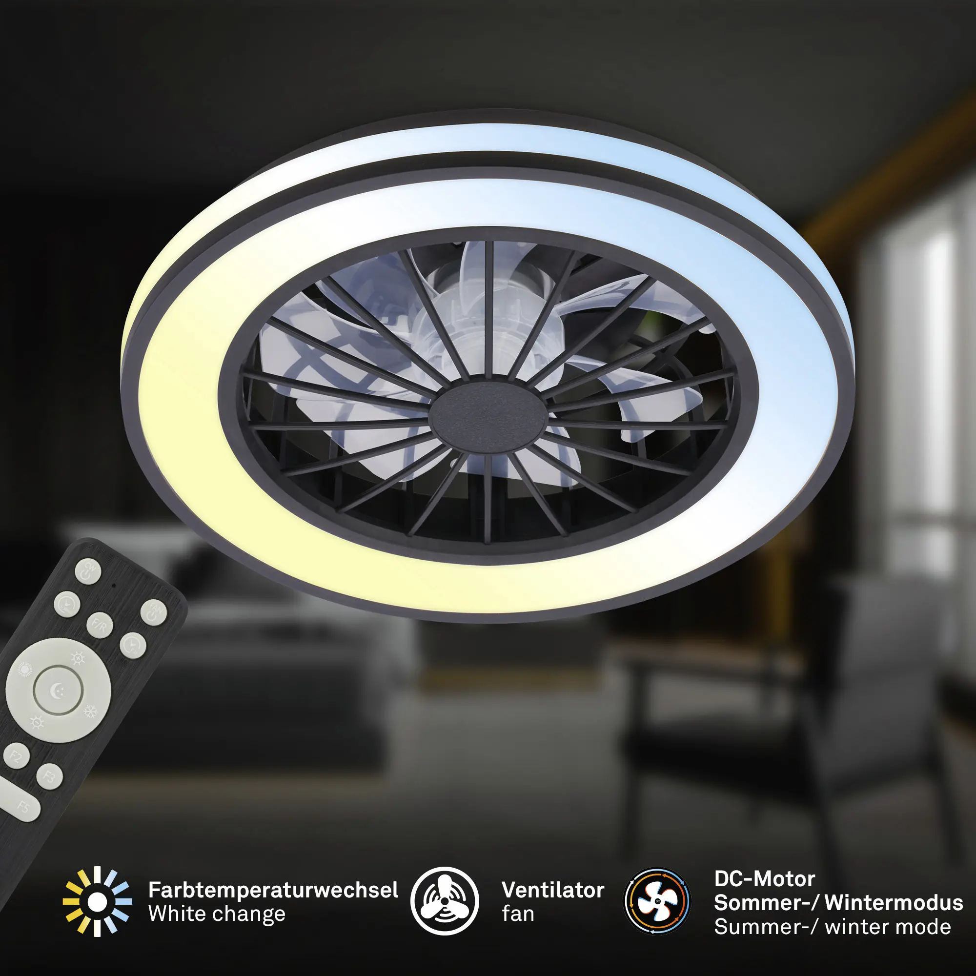 Briloner LED Deckenleuchte mit Ventilator Venturo Ø 38 cm 24 W schwarz matt dimmbar
