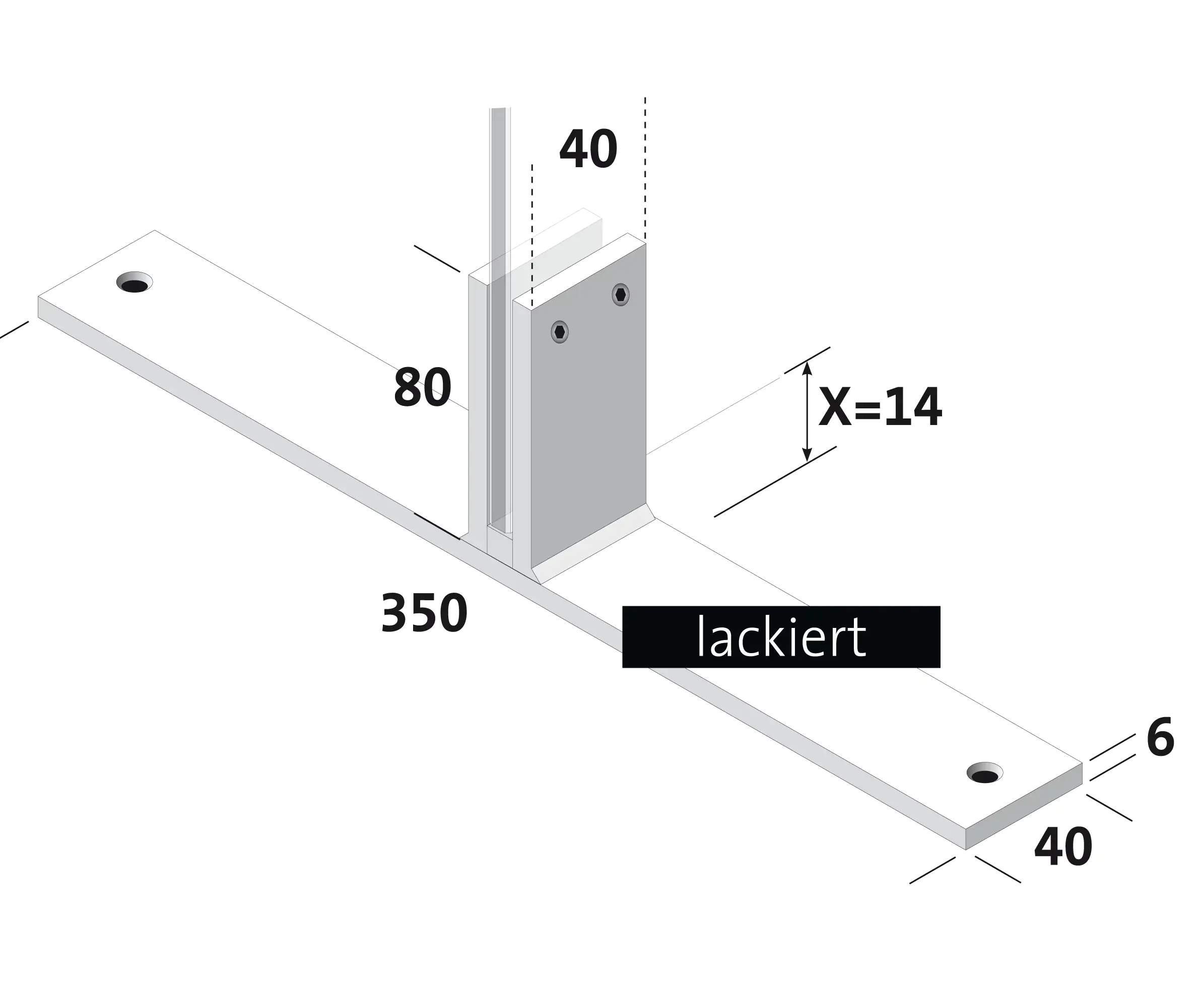 Standfuß längs quer für 6 mm ESG-Glas Länge 35 cm Aluminium weiß lackiert