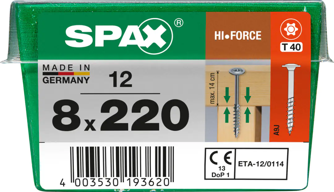 Spax Holzbauschrauben 8.0 x 220 mm TX 40 - 12 Stk. Spax Holzbauschrauben 8.0 x 220 mm TX 40 - 12 Stk.