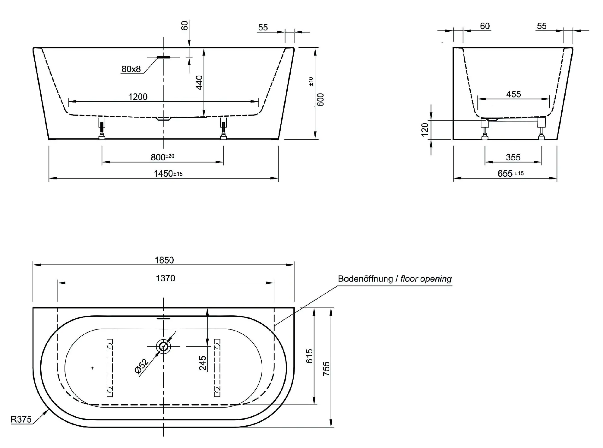 Ottofond Badewanne Modena XS 165 x 75 x 44 cm, weiß