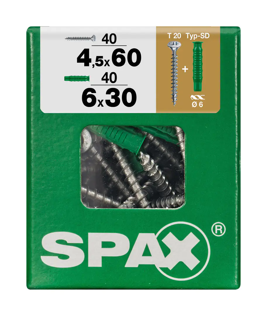 Spax Universalschrauben 4.5 x 60 mm TX 20 - 40 Stk. (+40 Dübel) Spax Universalschrauben 4.5 x 60 mm TX 20 - 40 Stk. (+40 Dübel)