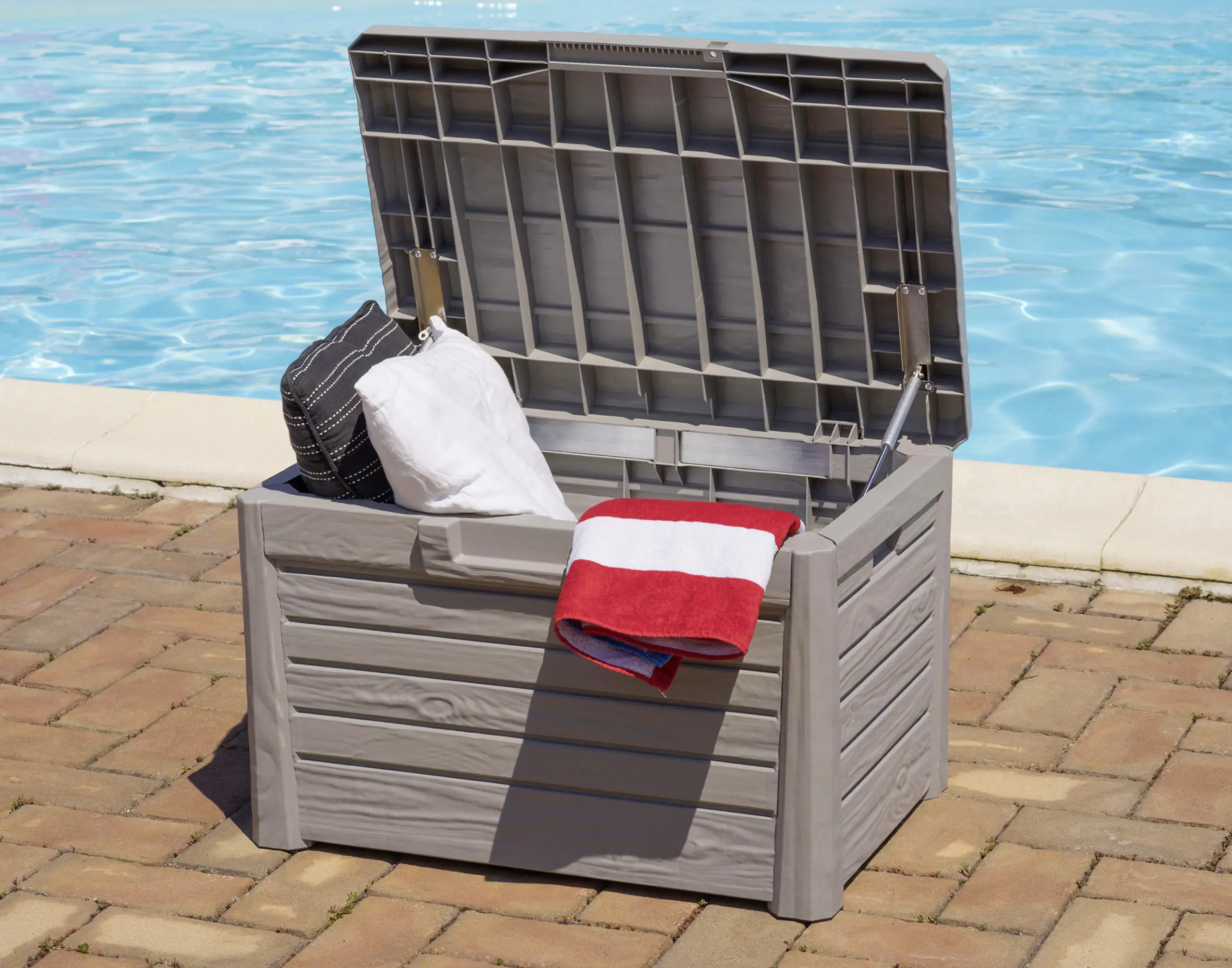 4055894586211_3169905 Dobar Gartentruhe aus Kunststoff warmgrau 73 x 50,5 x 46,5 cm