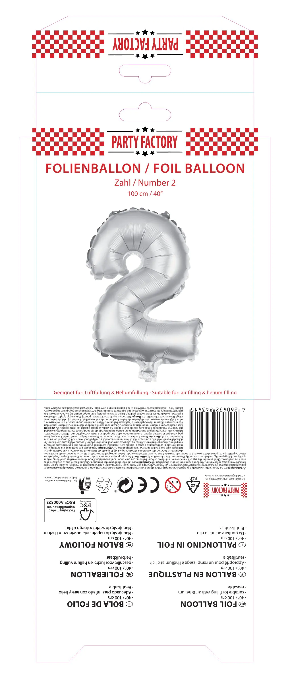 Folienballon Zahl 2 silber 100 cm Folienballon Zahl 2 silber 100 cm