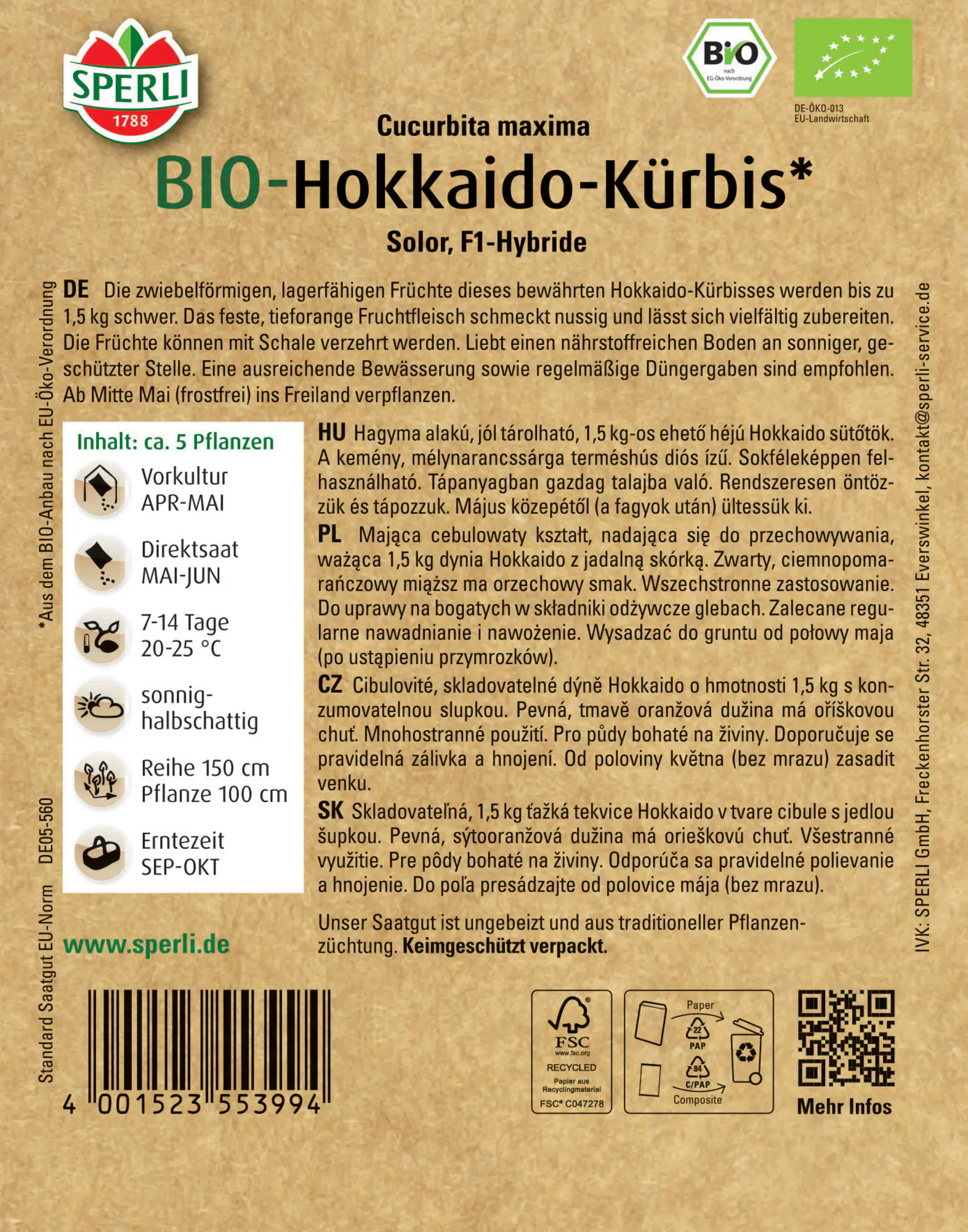 Sperli Saatgut BIO Hokkaido F1 für ca. 5 Pflanzen
