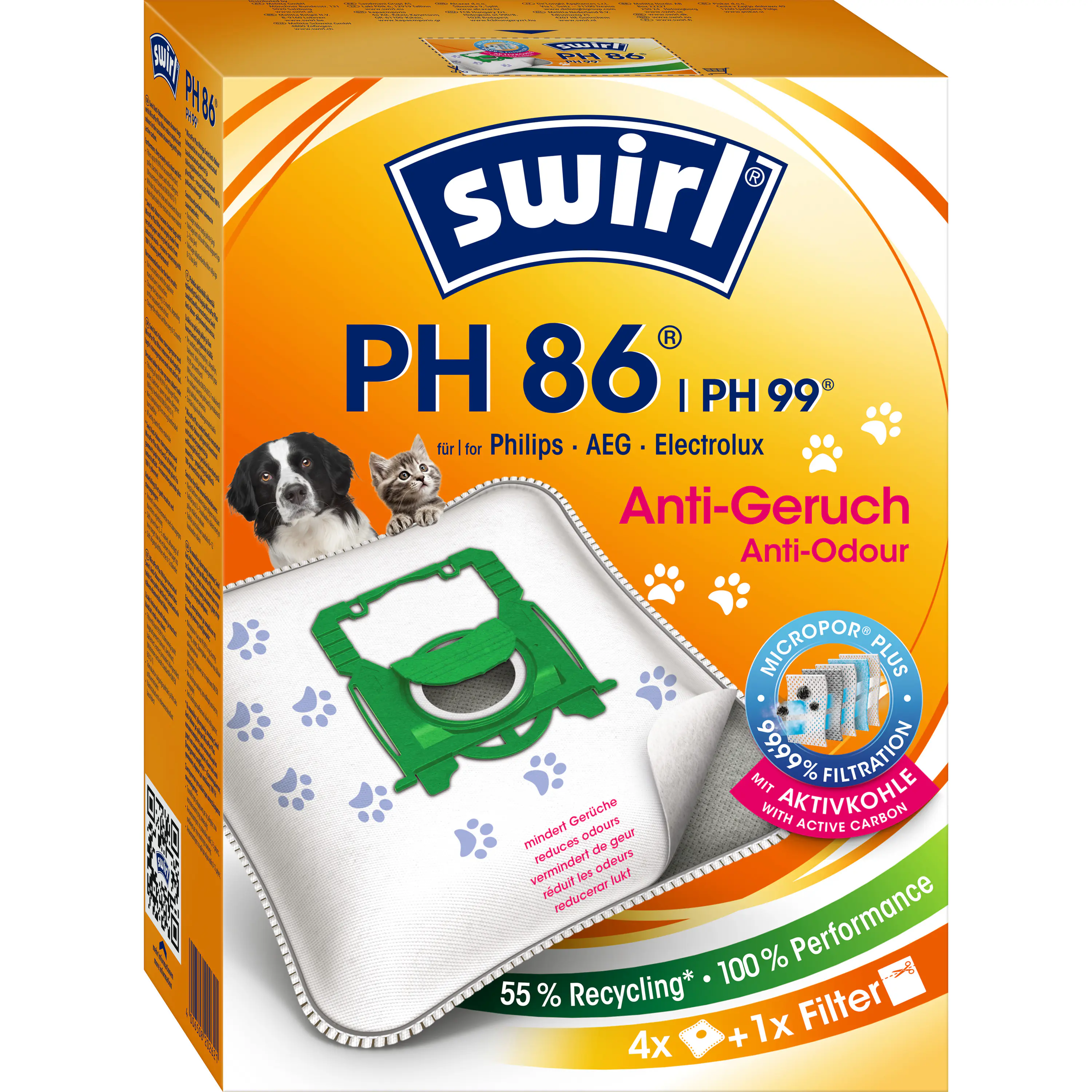 Swirl PH 86 / PH 99 EcoPor Anti-Geruch Staubsaugerbeutel 4 Staubbeutel + 1 Filter