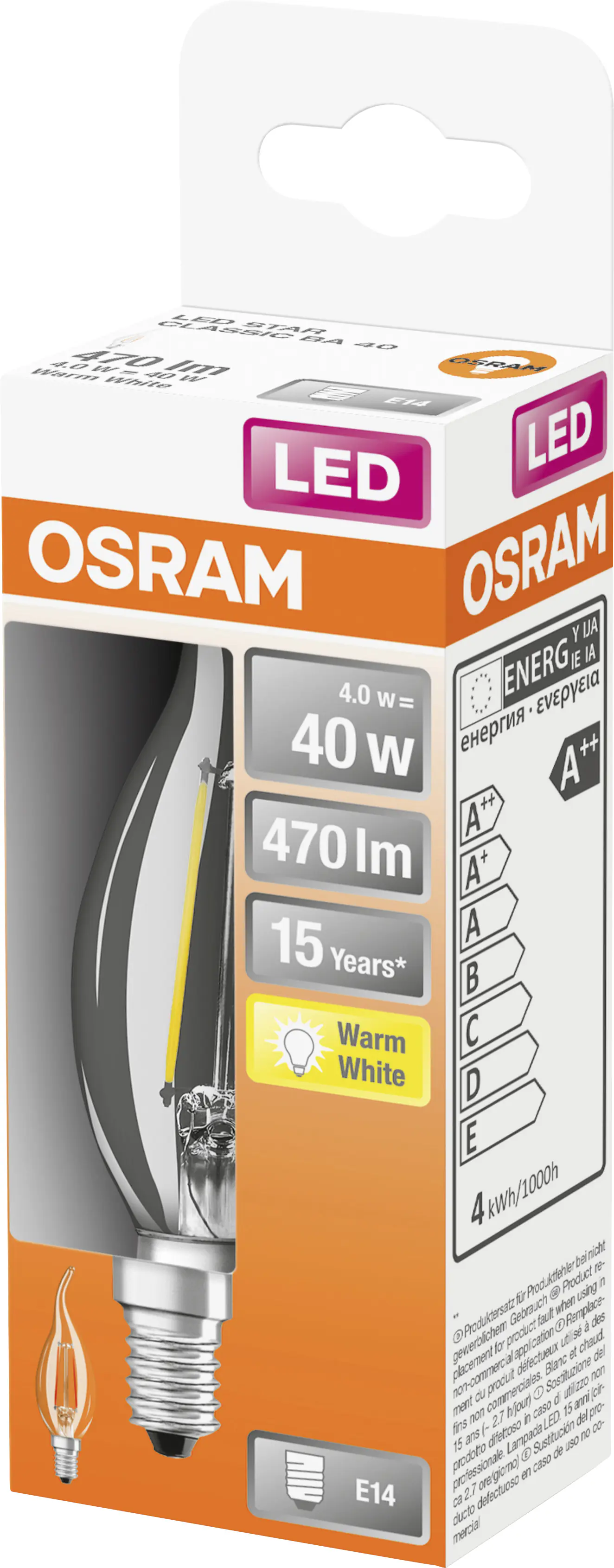 Osram LED Leuchtmittel Classic BA40 E14 4W warmweiß, klar