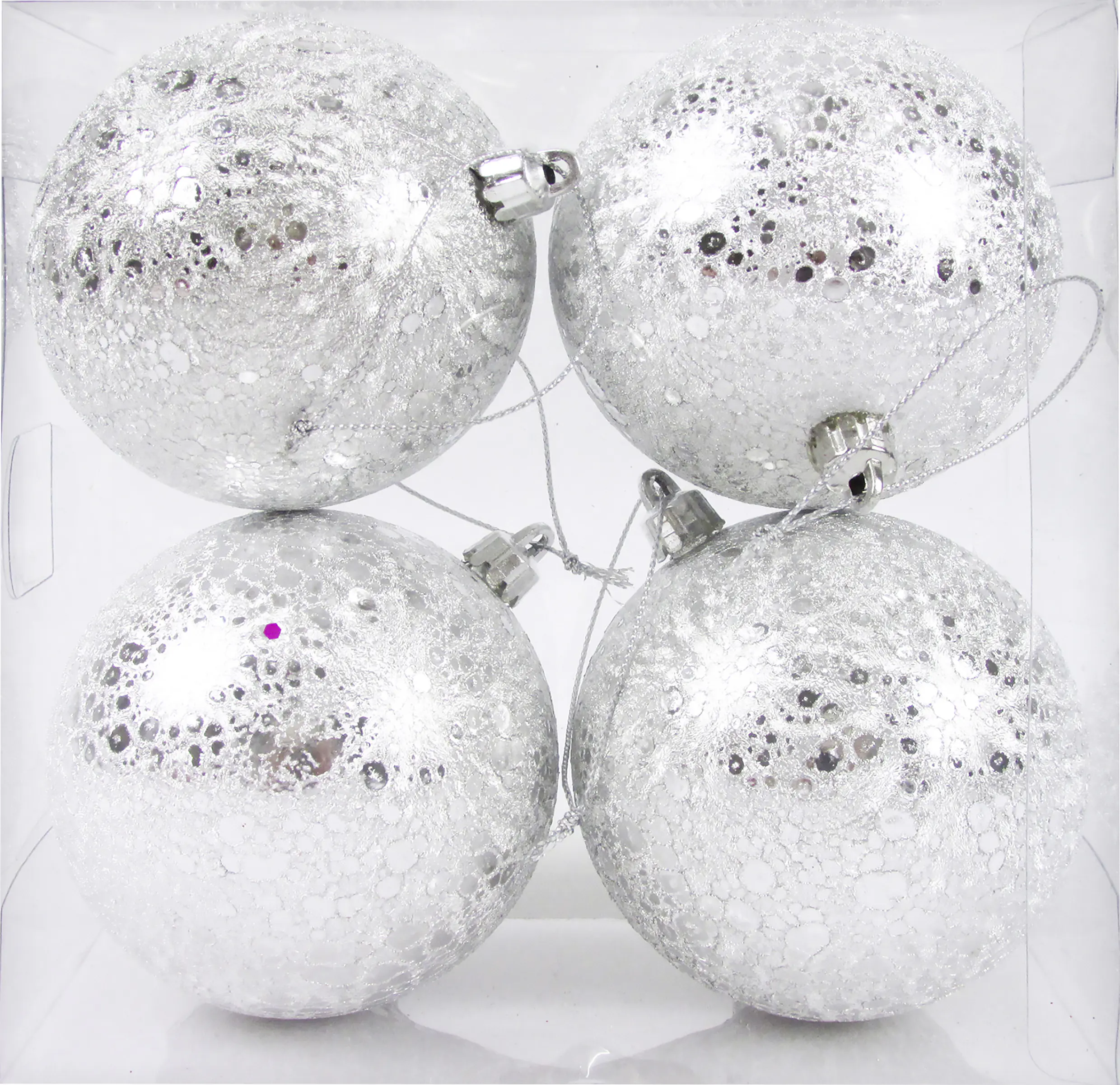 Weihnachtskugel aus Kunststoff Ø 8 cm silber geeist - 4 Stück