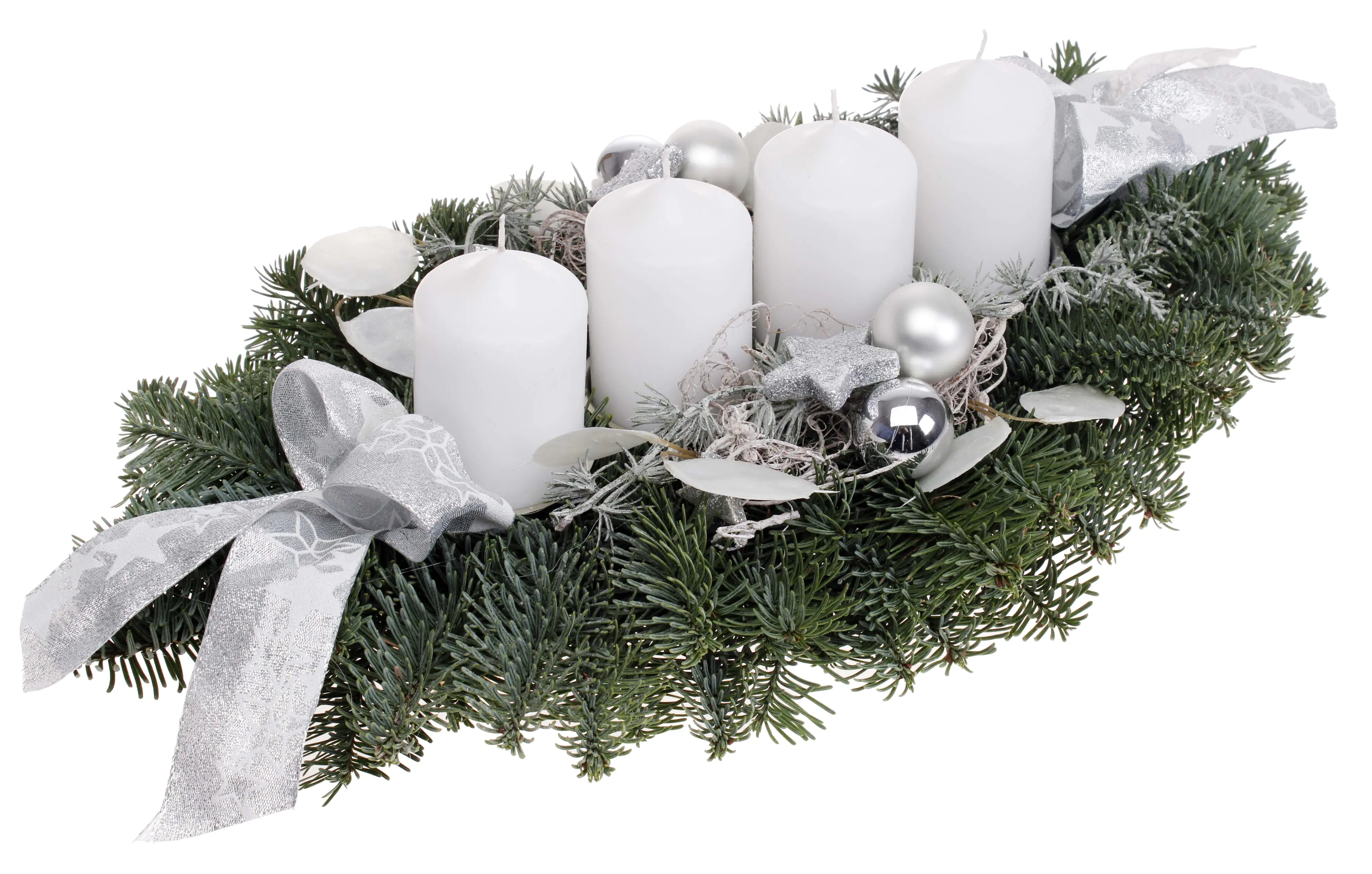 Adventsgesteck mit 4 Kerzen 12 x 21 x 45 cm weiß