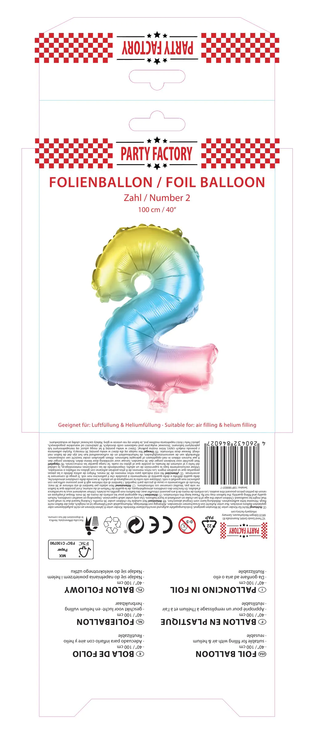 Folienballon Zahl 2 bunt 100 cm