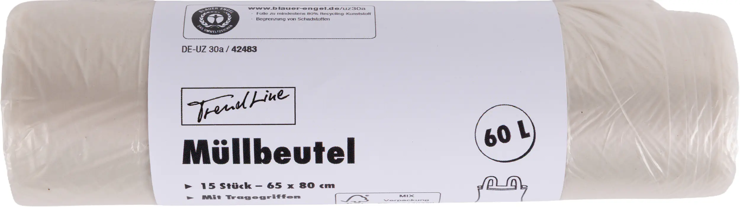Trendline Müllbeutel 60 L, transparent+Tragegriff, 15 Stück