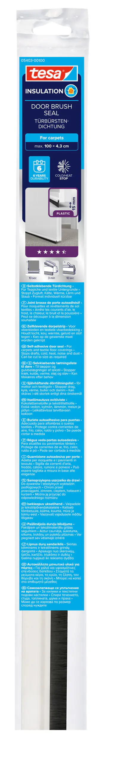 tesa Moll Türdichtschiene weiß, für Textilböden, für Spalten bis 15 mm