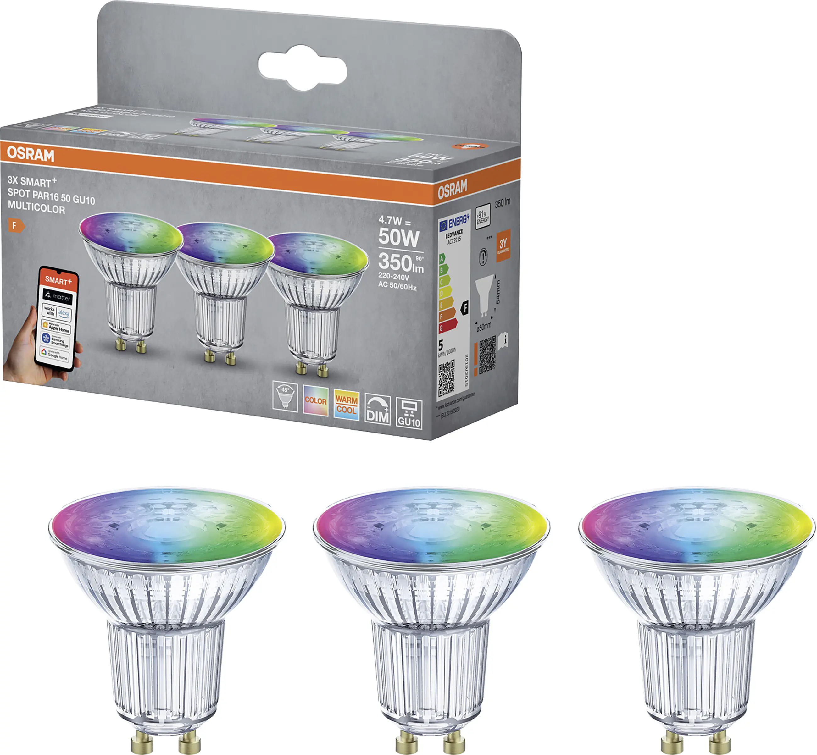Osram SMART+ Matter Leuchtmittel GU10 3er Pack Reflektor PAR16 45° 4.7W  RGBW matt 