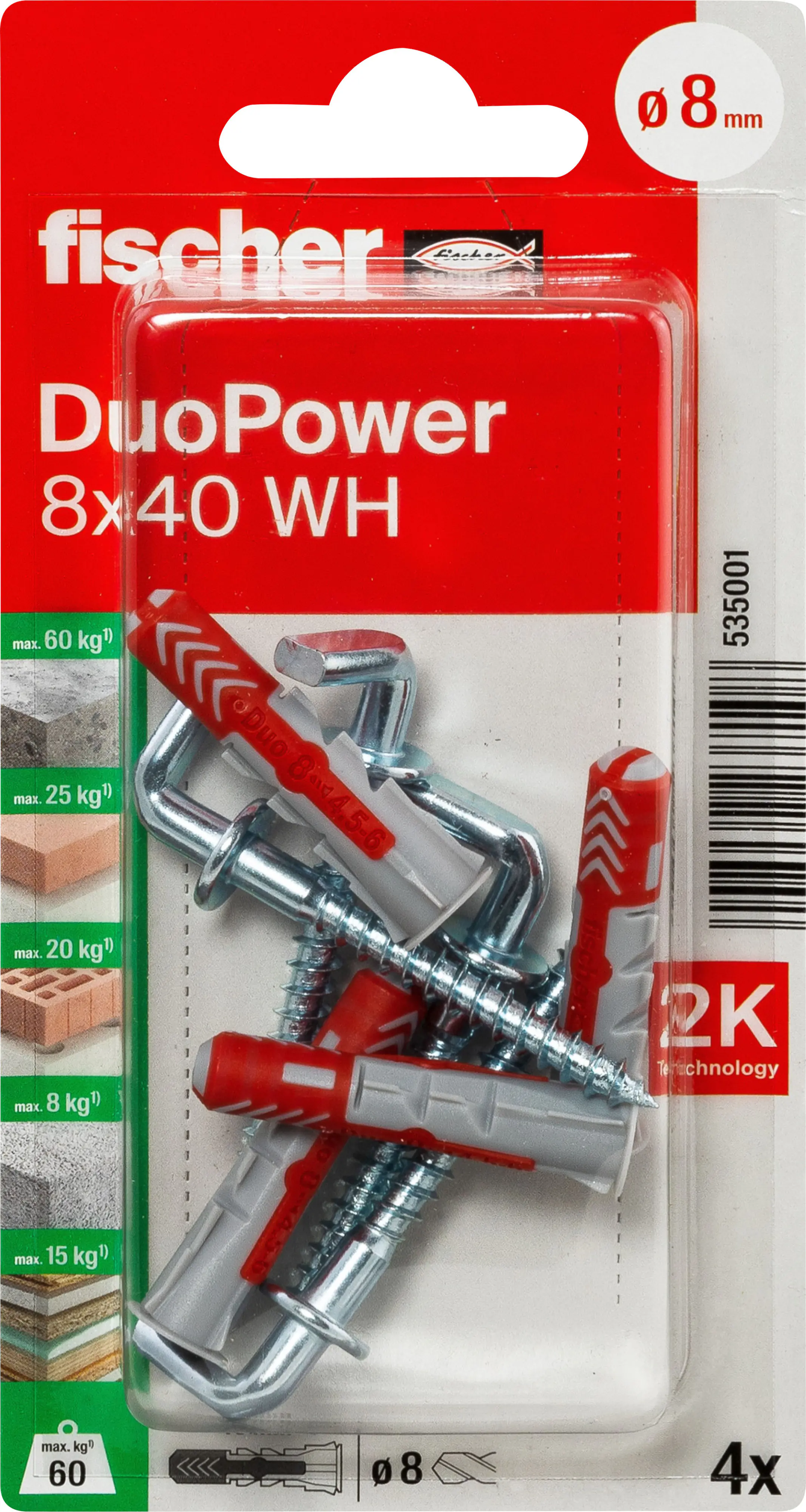 Fischer Dübel-Set DuoPower WH 8 x 40 mm mit Winkelhaken - 4 Stück