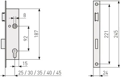 Einsteckschloss für Rohrrahmentüren ESR PZ LR Z 45 92 24 SB