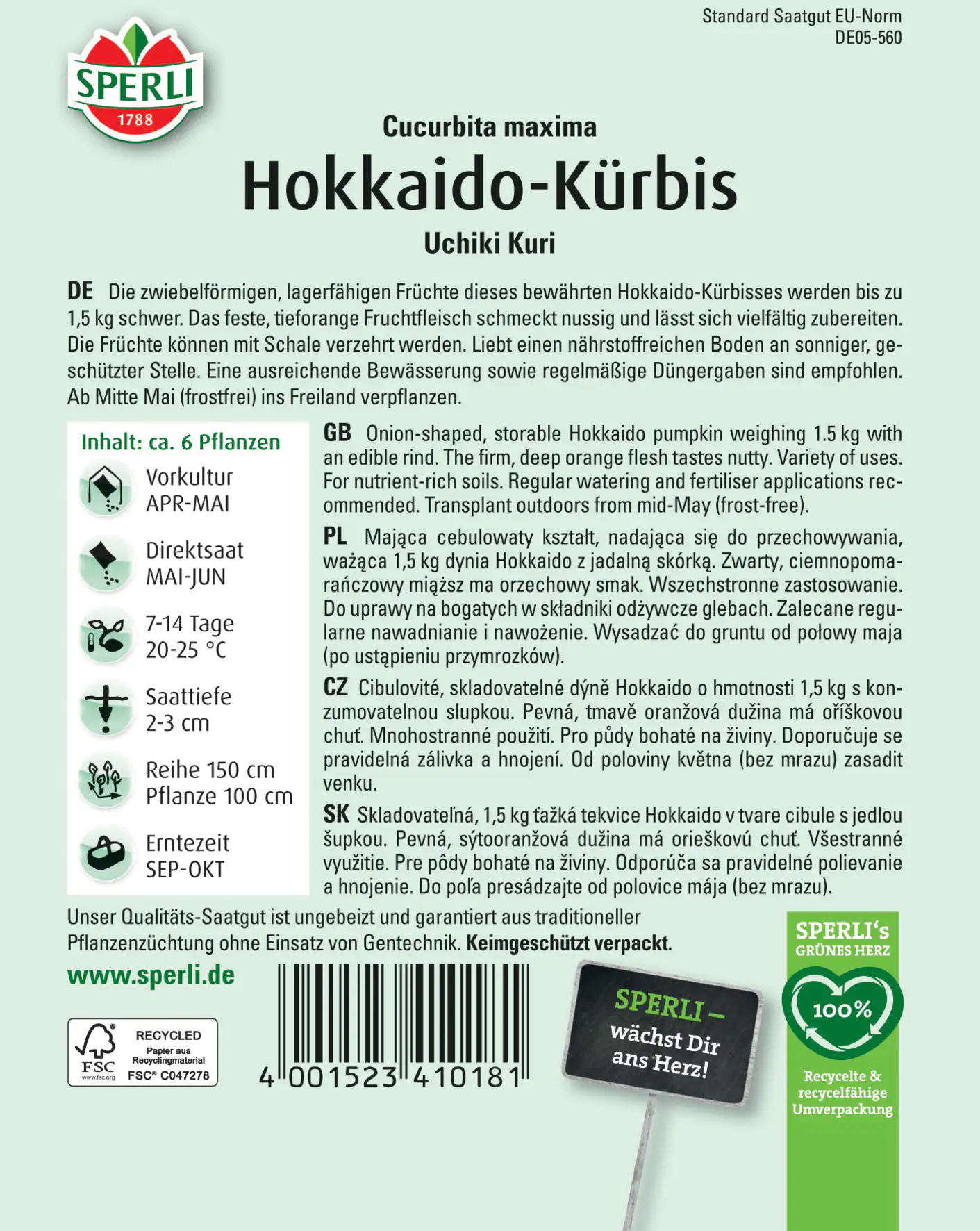 Sperli Hokkaido-Kürbis Uchiki Kuri