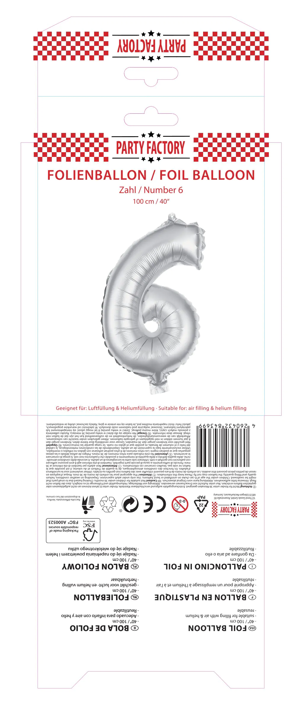 Folienballon Zahl 6 silber 100 cm Folienballon Zahl 6 silber 100 cm