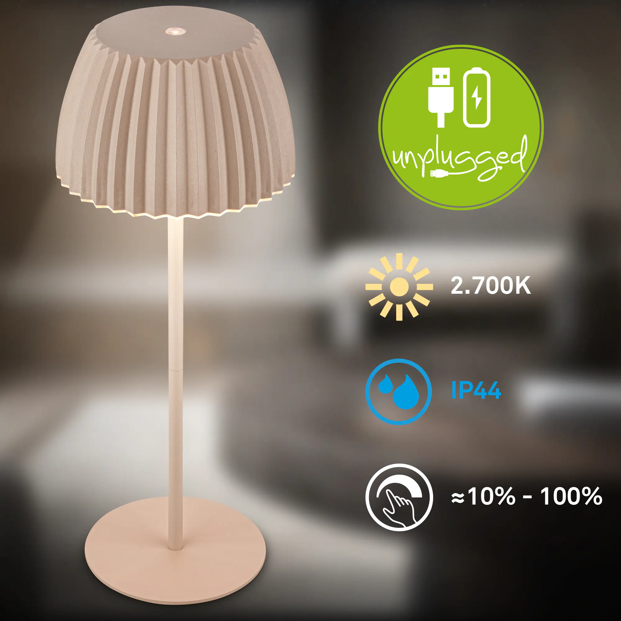 Briloner LED-Tischleuchte Riffle mit Akku beige dimmbar