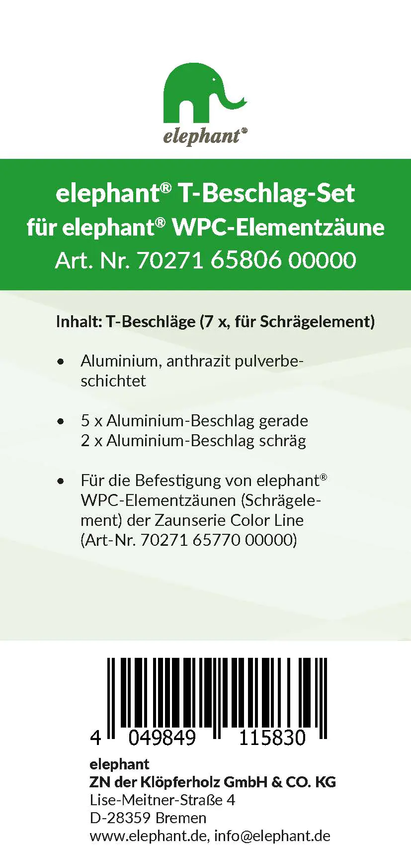 elephant T-Beschlagset Color Line Schrägelement anthrazit 7 Stück