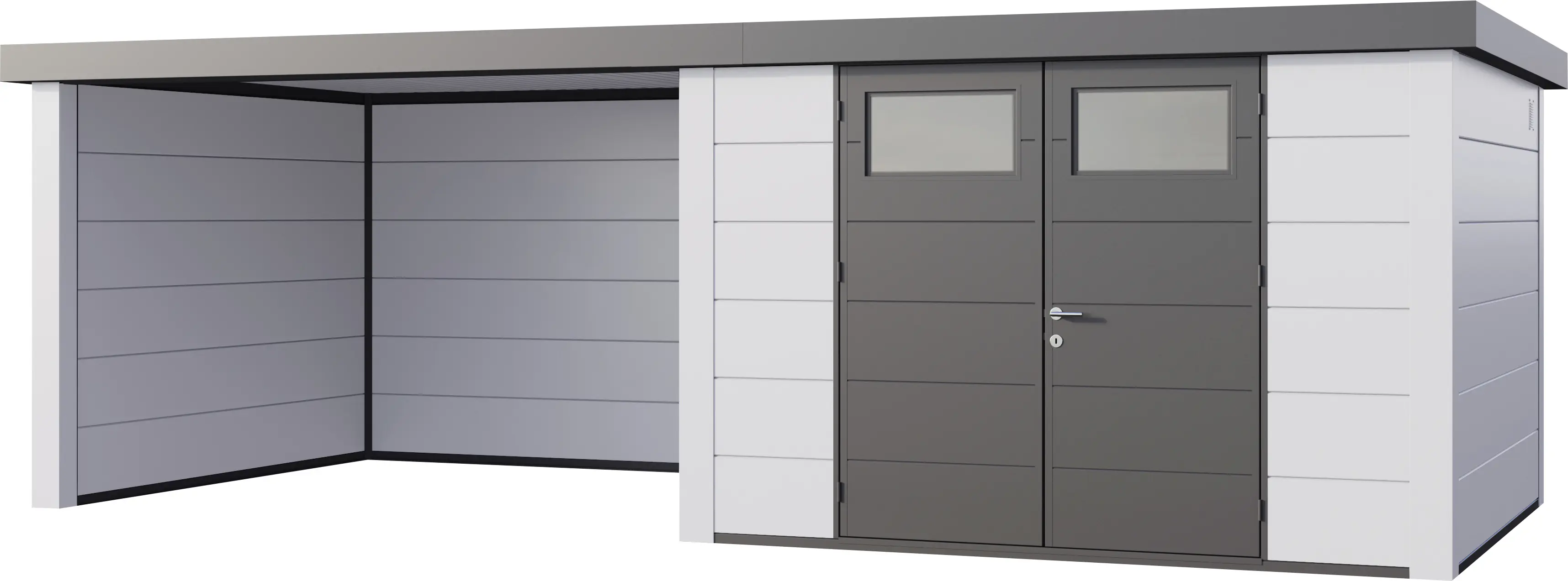 Telluria Gerätehaus Classico Lounge L 3330 links EW weiß 672 x 298 cm