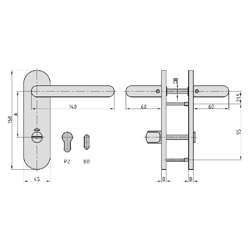 Basi PZ-Kurzschildgarnitur ZB 3800 Edelstahl silber abgerundet