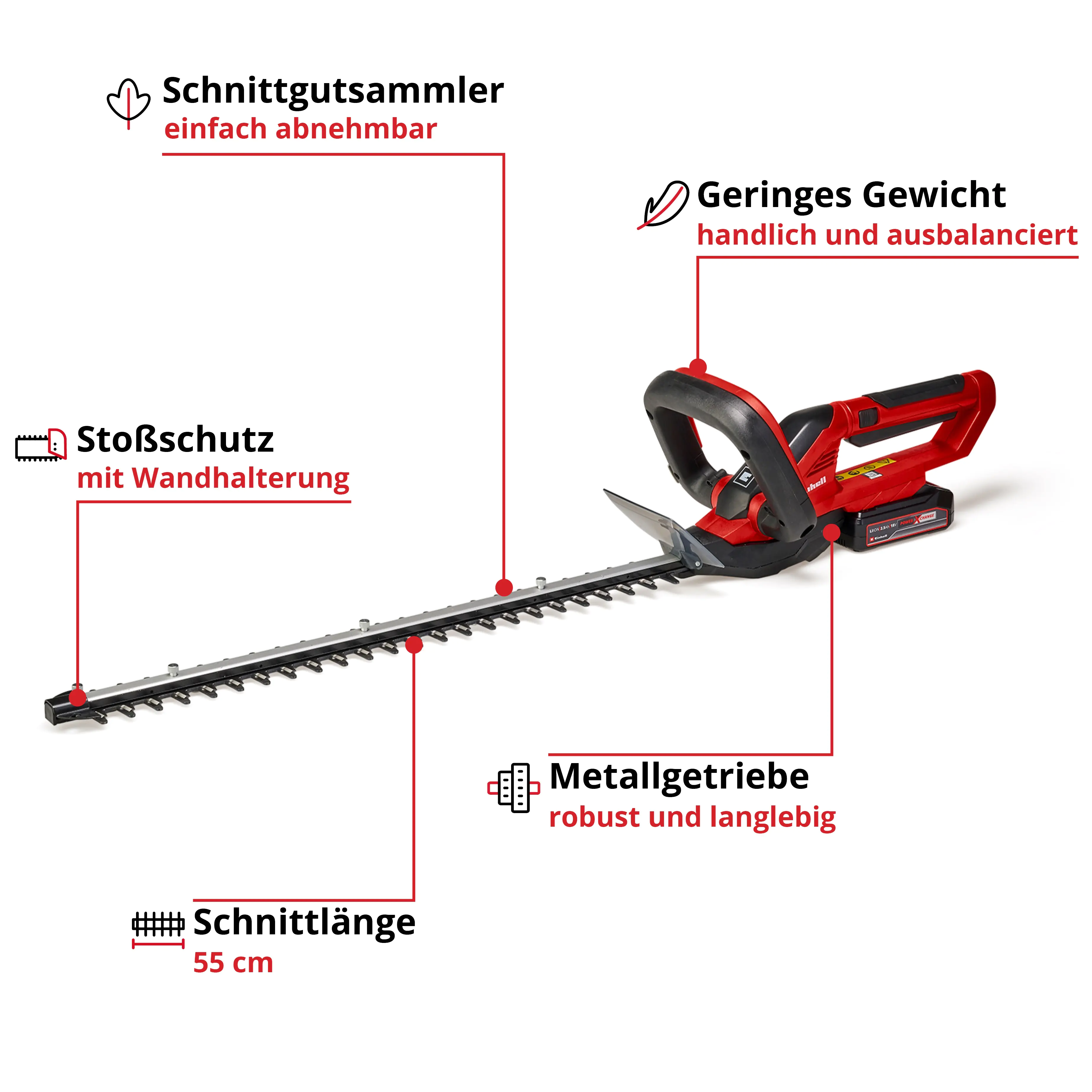 Einhell Akku-Heckenschere GC-CH 1855 55 cm Schnittlänge mit 1 x 2,5 Ah Akku Einhell Akku-Heckenschere GC-CH 1855 55 cm Schnittlänge mit 1 x 2,5 Ah Akku