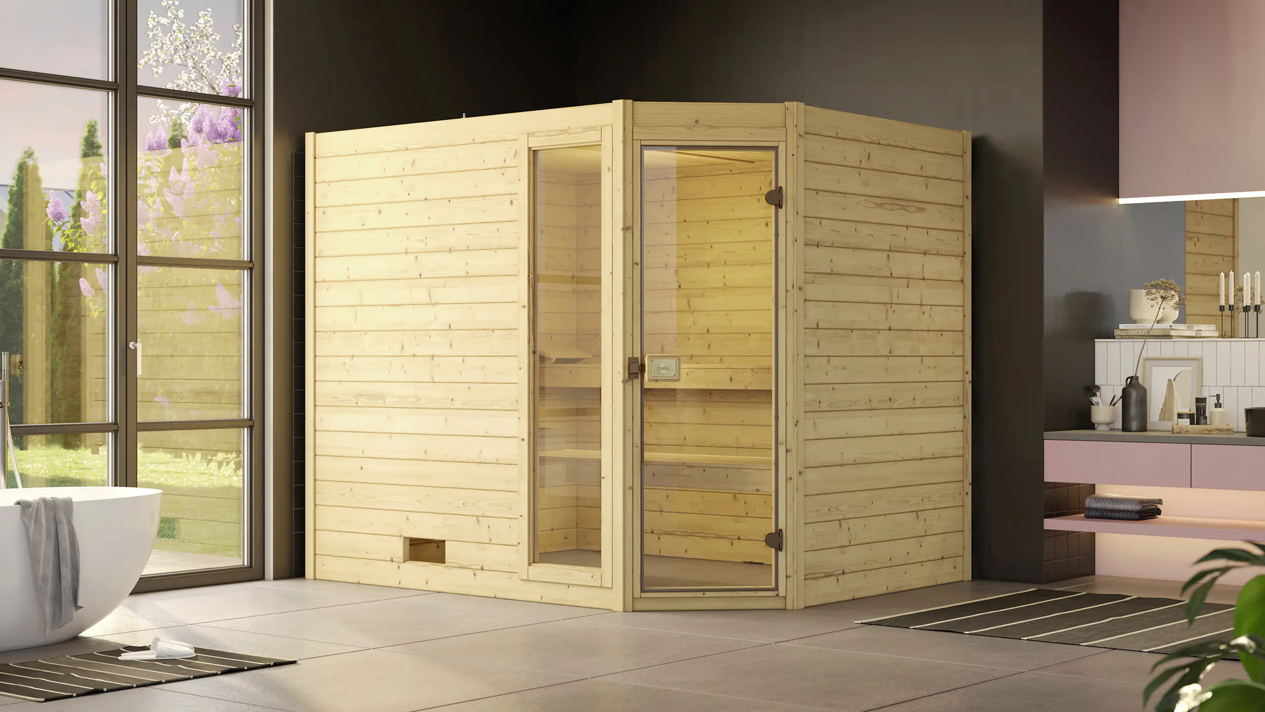 Weka Massivholzsauna Valida Eck 3 mit Glastür und Fenster Weka Massivholzsauna Valida Eck 3 mit Glastür und Fenster