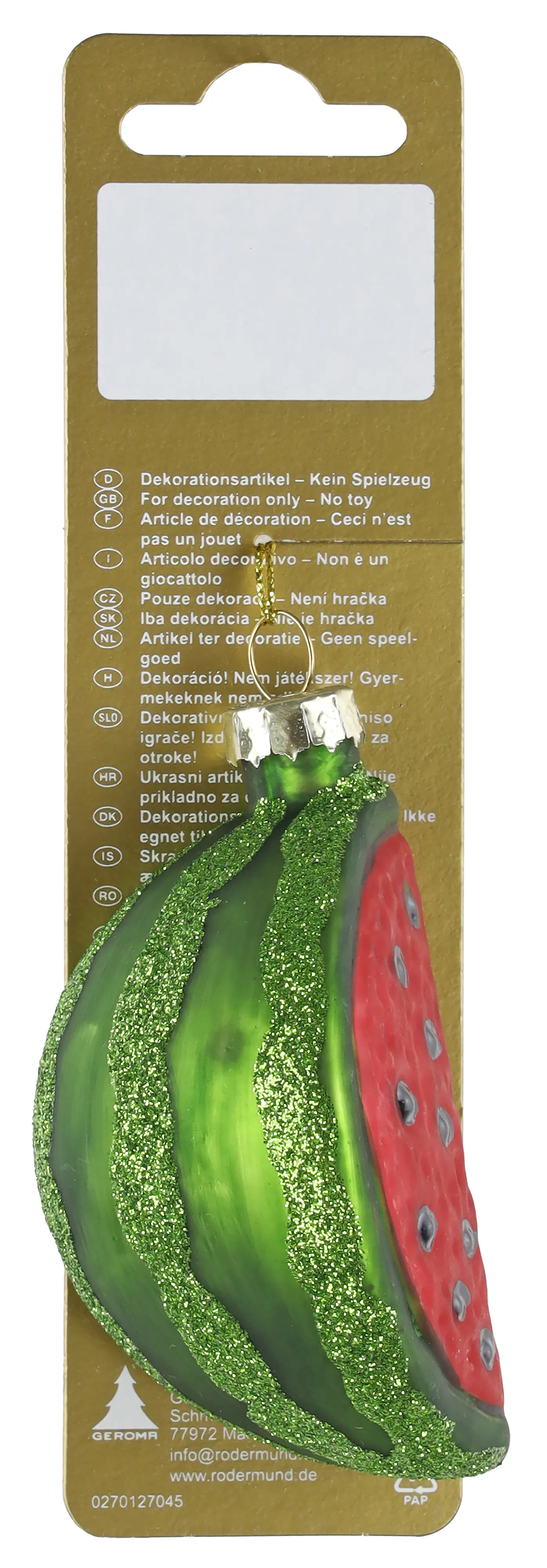 Weihnachtsanhänger Wassermelone aus Glas 8 cm rot/grün