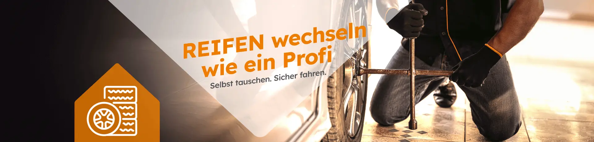 Mann wechselt Autoreifen mit Kreuzschlüssel. Text: REIFEN wechseln wie ein Profi. Selbst tauschen. Sicher fahren.