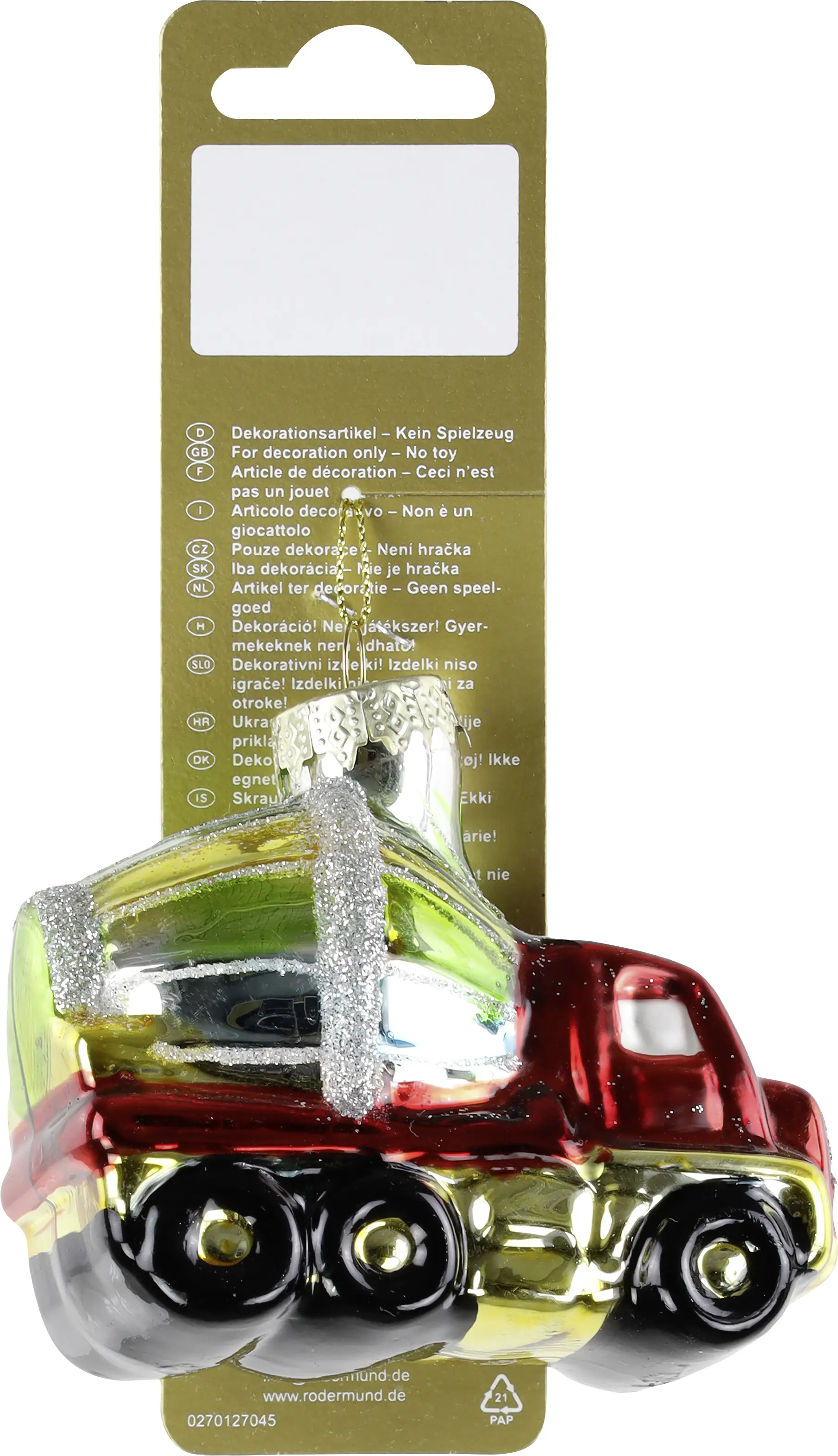 Weihnachtsanhänger Betonmischer aus Glas 8,5 x 8 cm rot