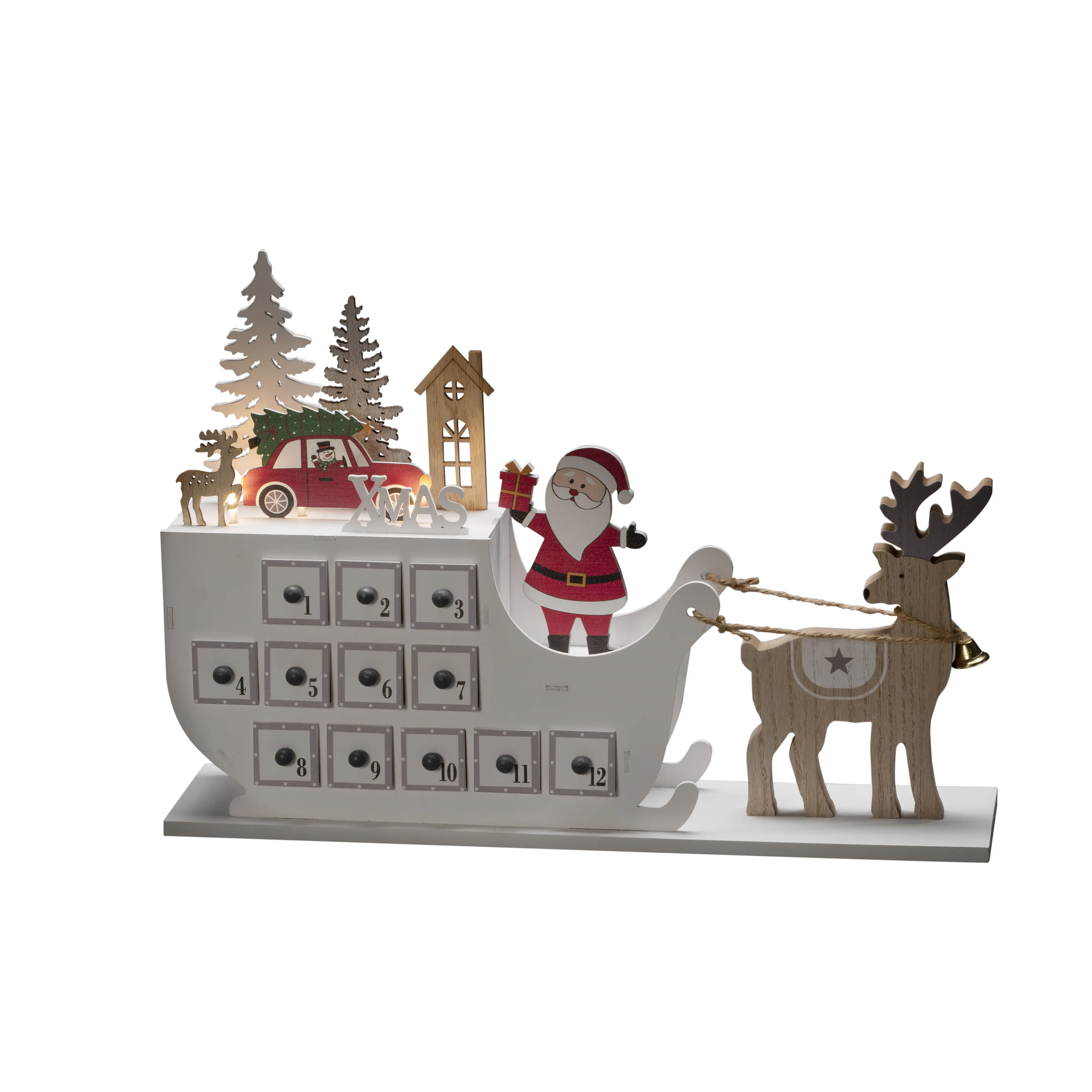 Konstsmide LED-Holzsilhouette Adventskalender mit Schlitten batteriebetrieben mit Timer 45 x 31,6 cm warmweiß