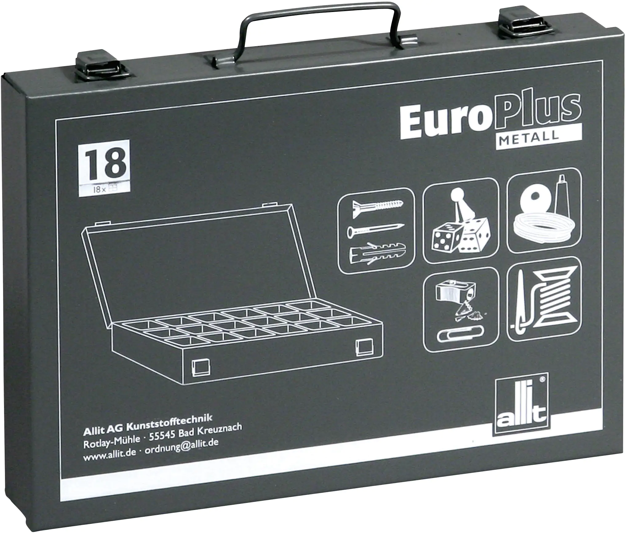 4005187541182_1234854 Allit Kleinteilekoffer EuroPlus Metall 34/18 grau ohne Inhalt, 18 Fächer
