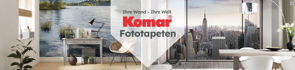 „Ihre Wand – Ihre Welt. Komar Fototapeten“ mit Naturmotiv am Schreibtisch und New-York-Motiv in modernem Wohnraum.