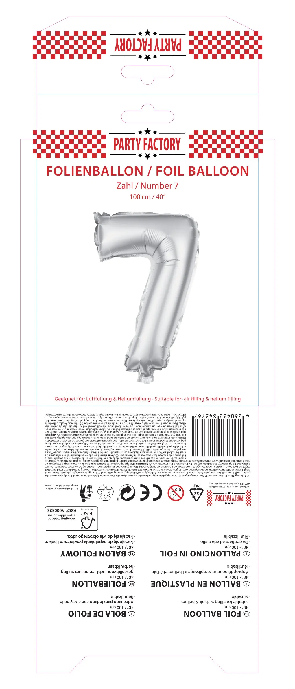 Folienballon Zahl 7 silber 100 cm Folienballon Zahl 7 silber 100 cm