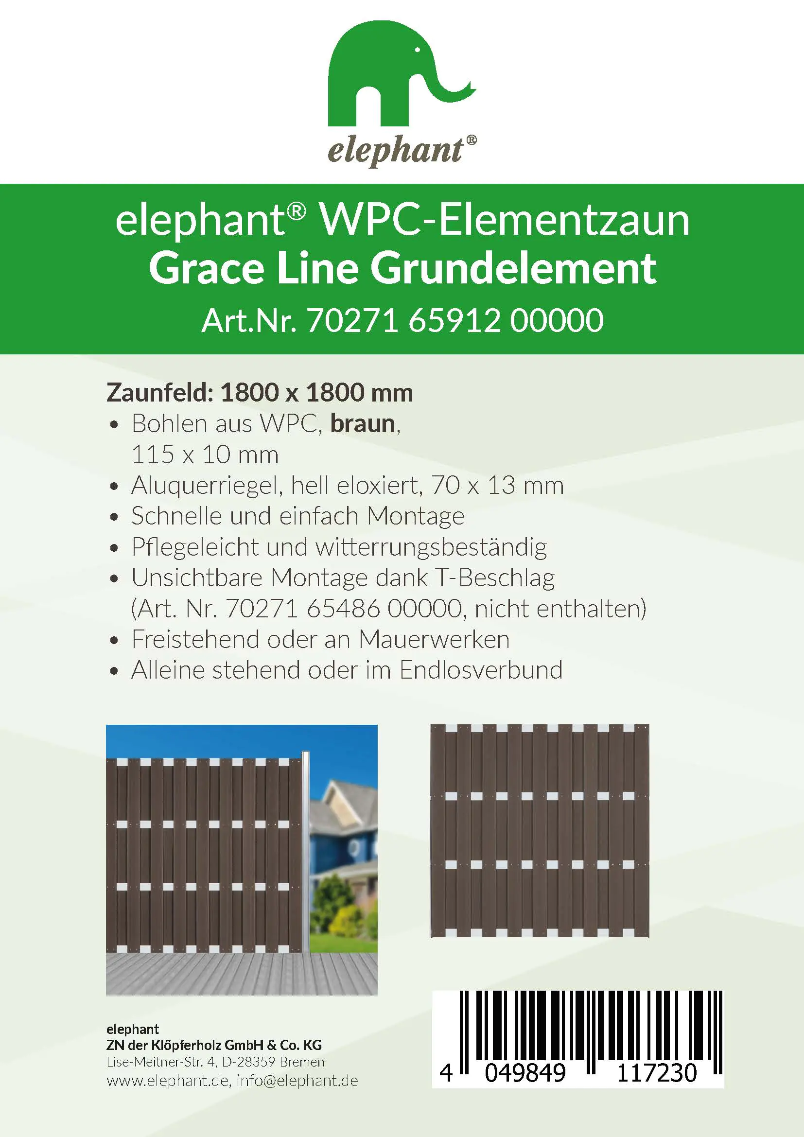 elephant WPC-Sichtschutzzaun Grace Line Grundelement braun 180 x 180 cm