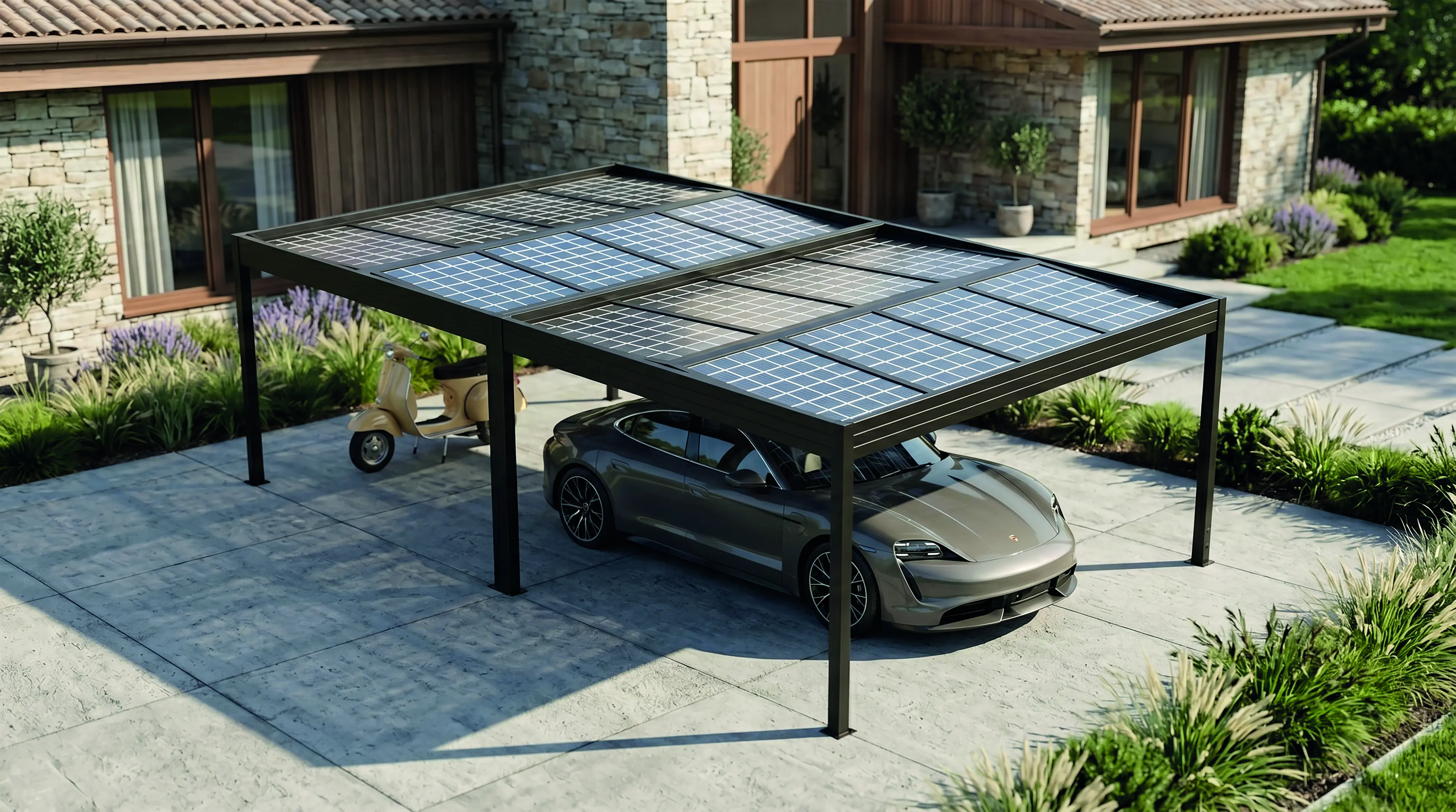 SunElements SunVaro Carport Energy Doppel L 724 x 447 cm mit Photovoltaikdach 250 Wp anthrazit-metallic