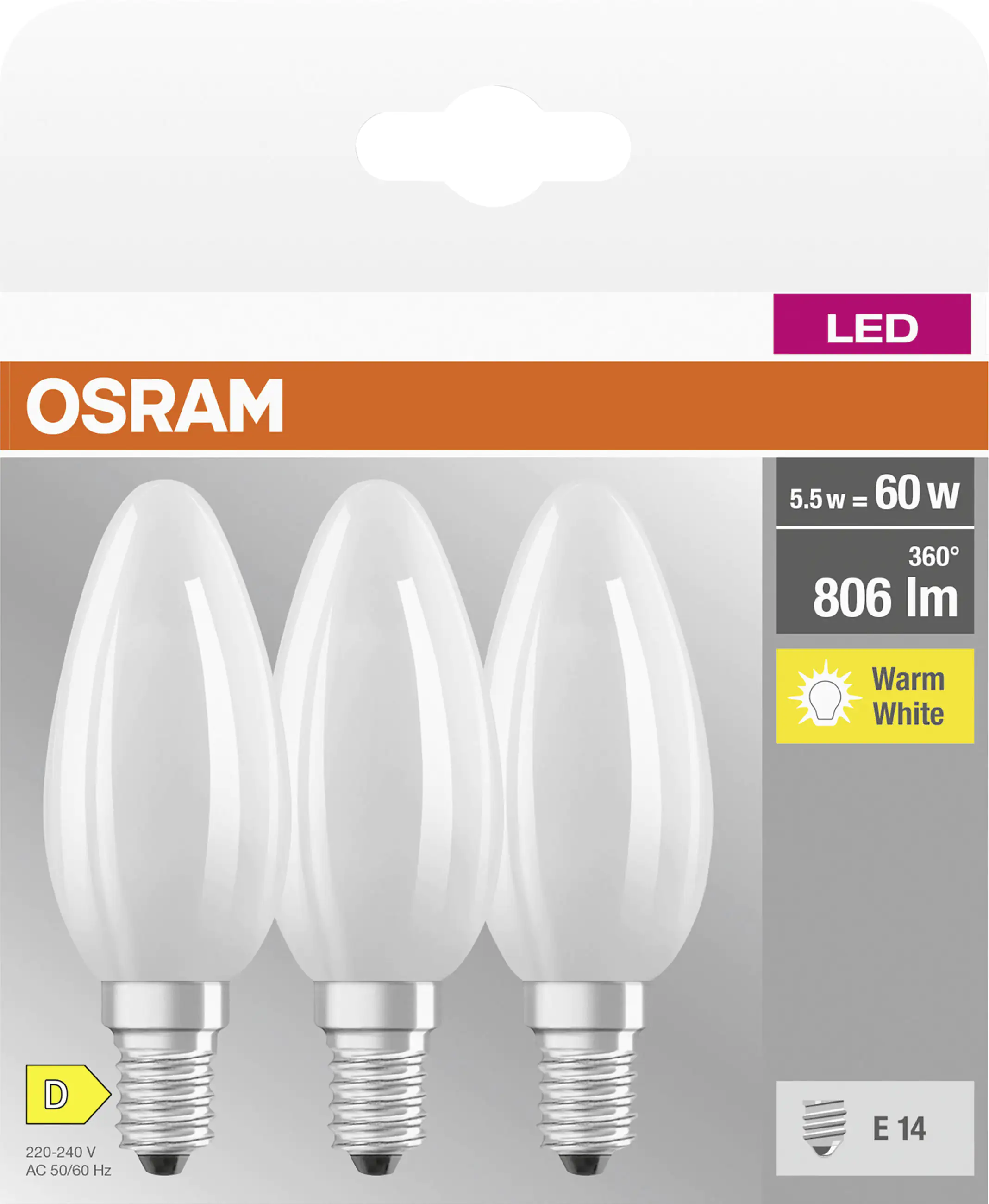 Osram LED Kerzenlampe E14 5,5 W warmweiß weiß matt