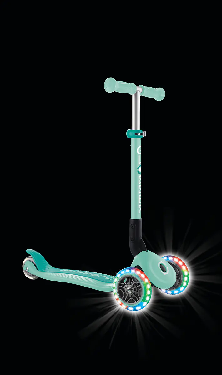 Globber Scooter für Kinder mit Leuchtrollen Junior Foldable Lights mint/blau