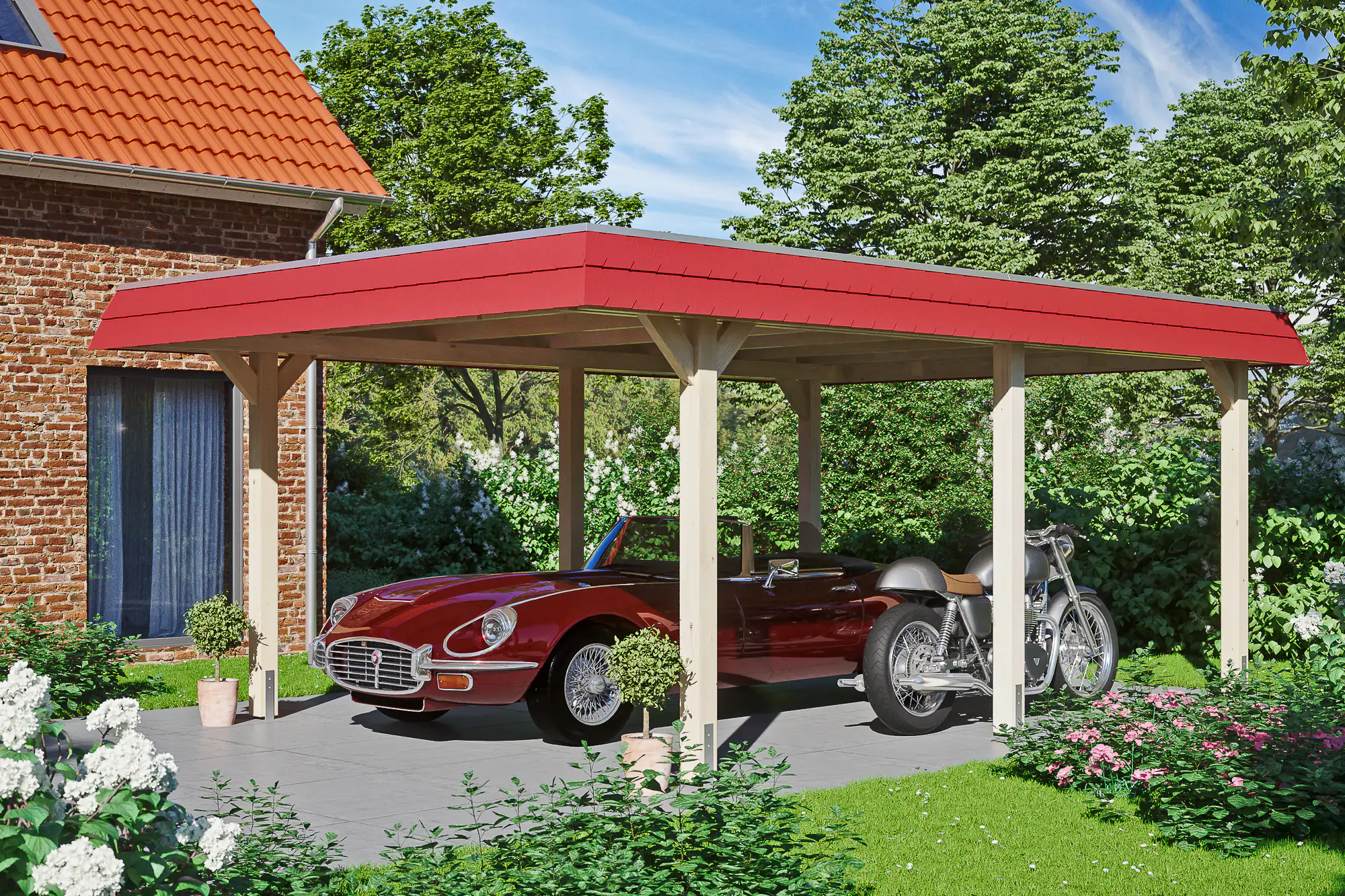 SKAN HOLZ Carport Wendland 409 x 628 cm mit EPDM-Dach, rote Blende
