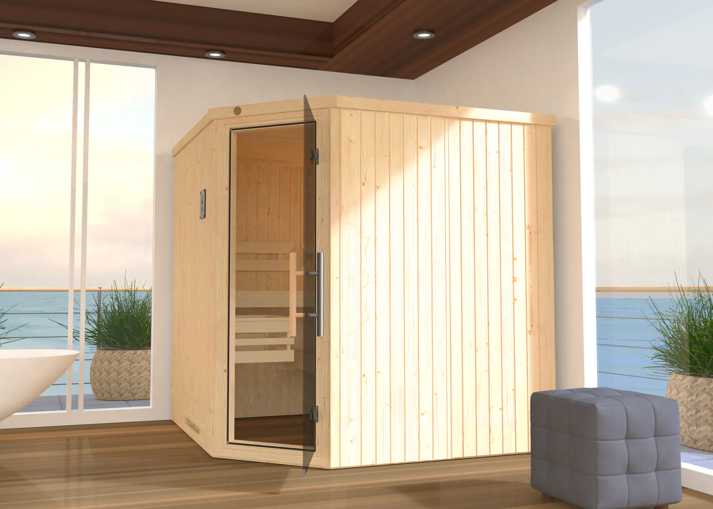 Weka Element-Ecksauna Varberg 3 mit Glastür