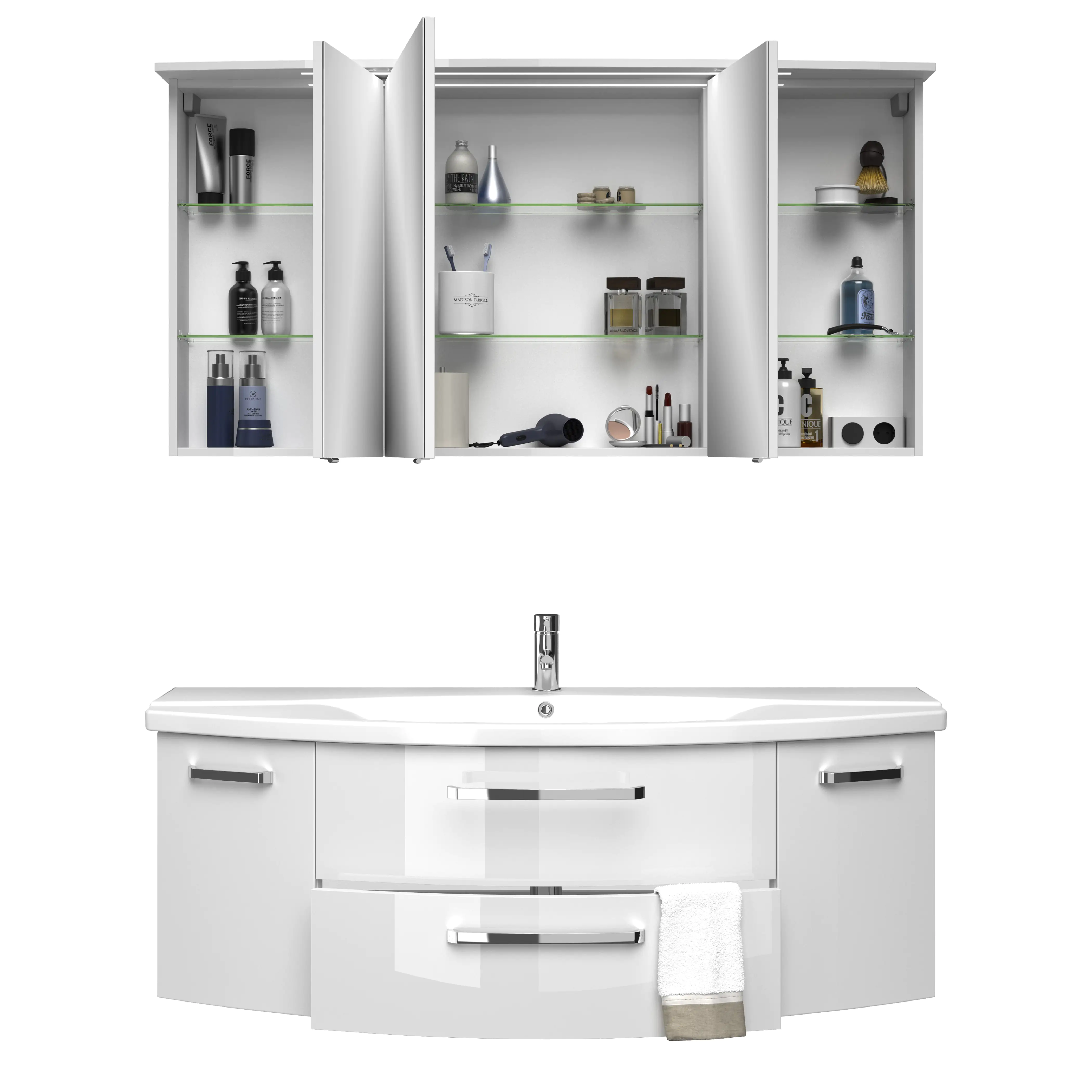 4017026106742_3 Pelipal Badmöbel-Set 4010 Weiß Hgl/Weiß Glanz mit Keramik-Waschtisch + Kranz-Leuchte 144 cm