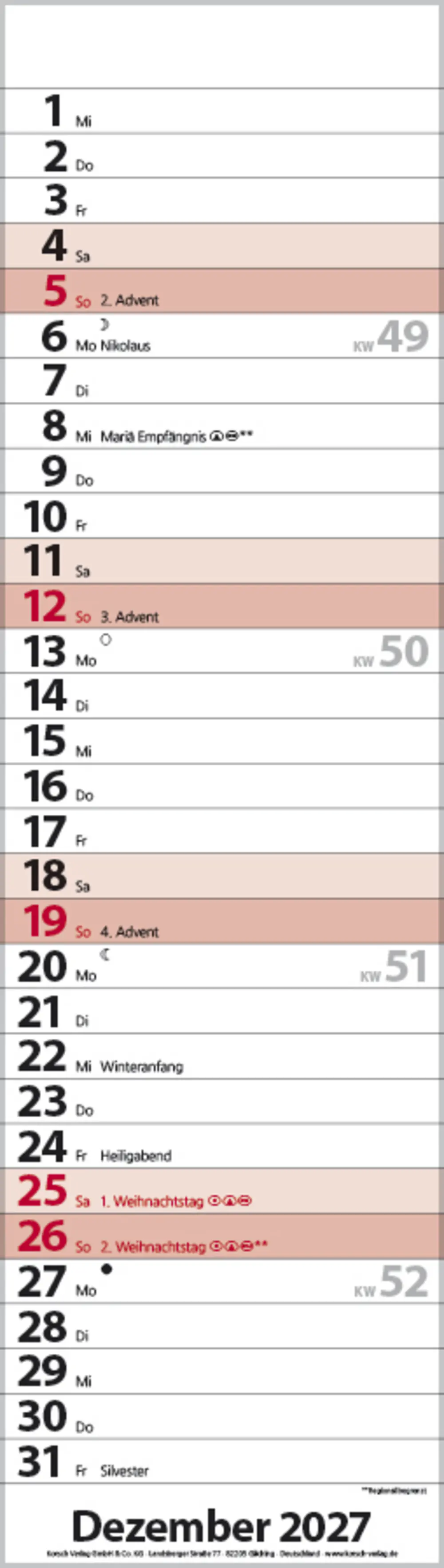 Korsch Kalender Streifenplaner Mini 2027 rot