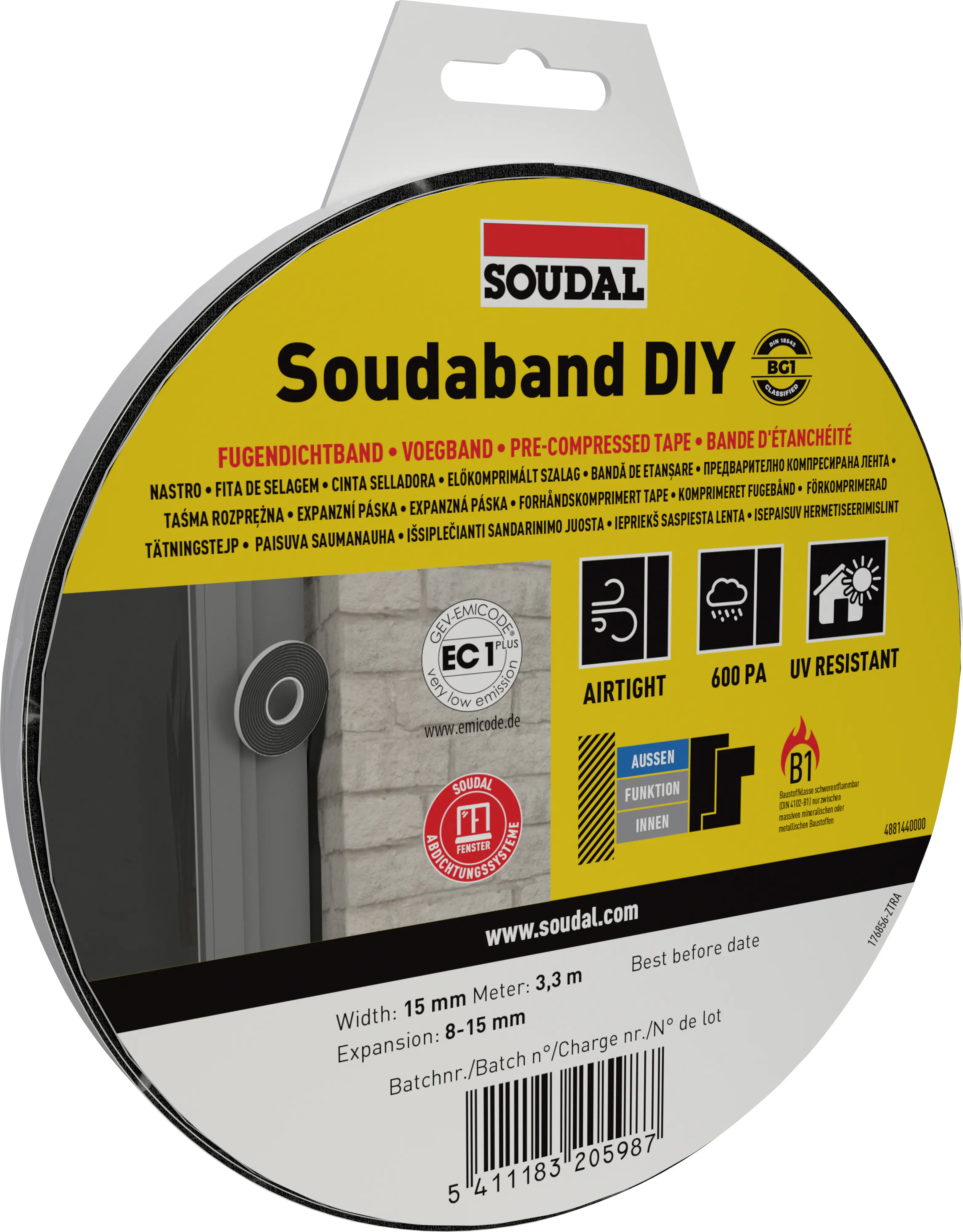 Soudal Fugendichtband Soudaband DIY BG1 15/8-15 3,3 m x 1,5 cm grau selbstklebend