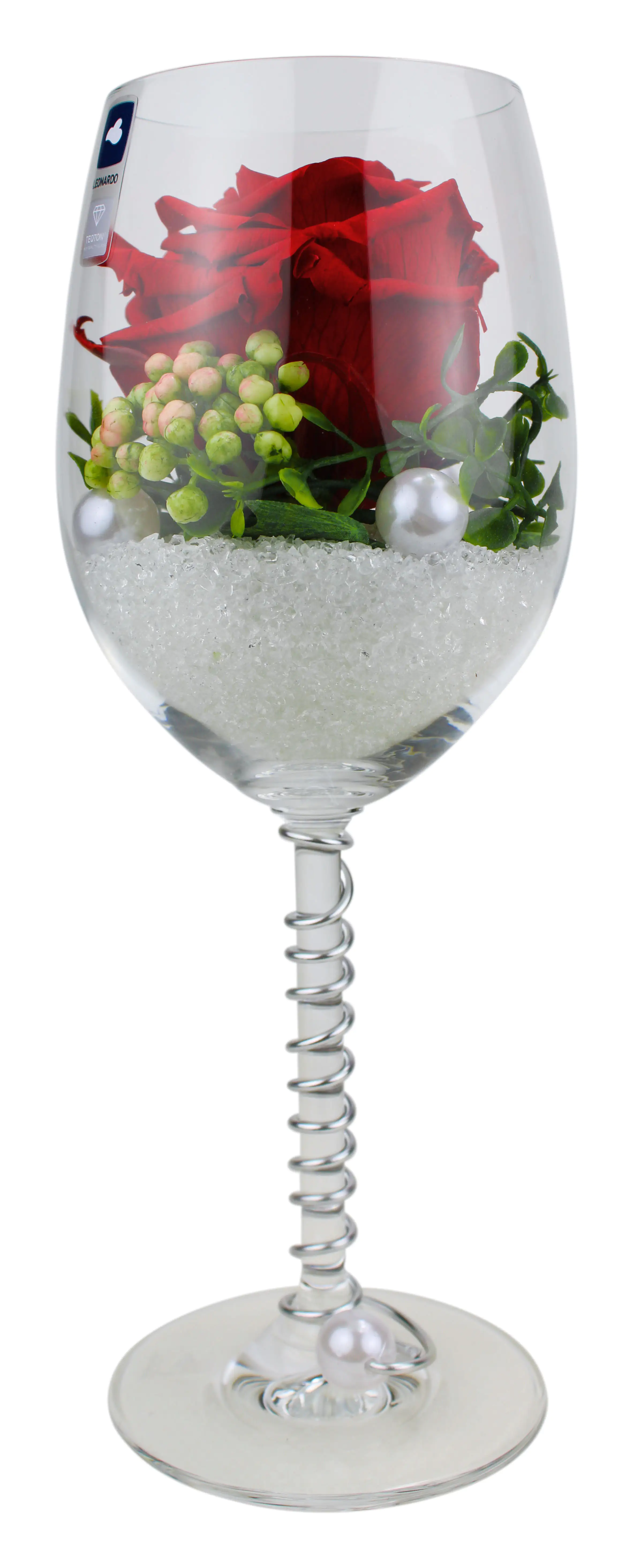 Arrangement Langzeitrose "Long Life", rot im Weinglas mit Deko