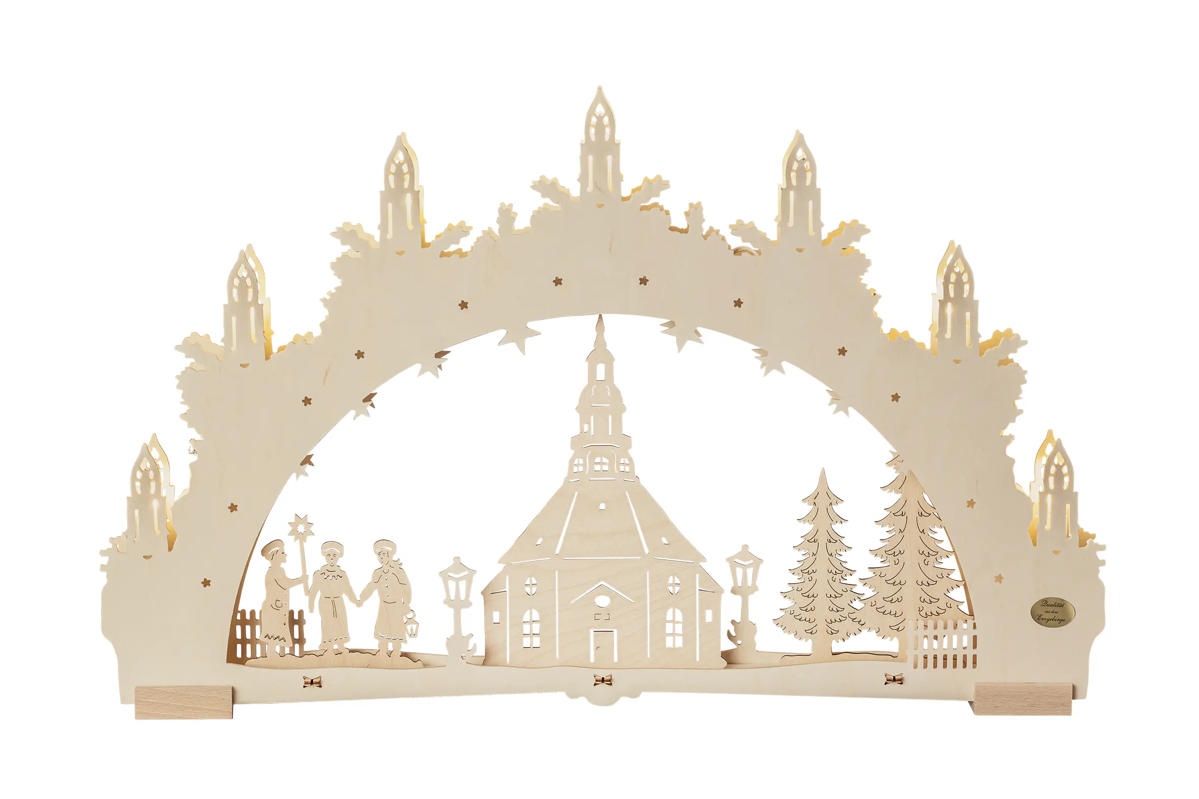 Saico LED-Schwibbogen Seiffener Kirche 7-flammig mit Timer 52 x 32 cm warmweiß natur