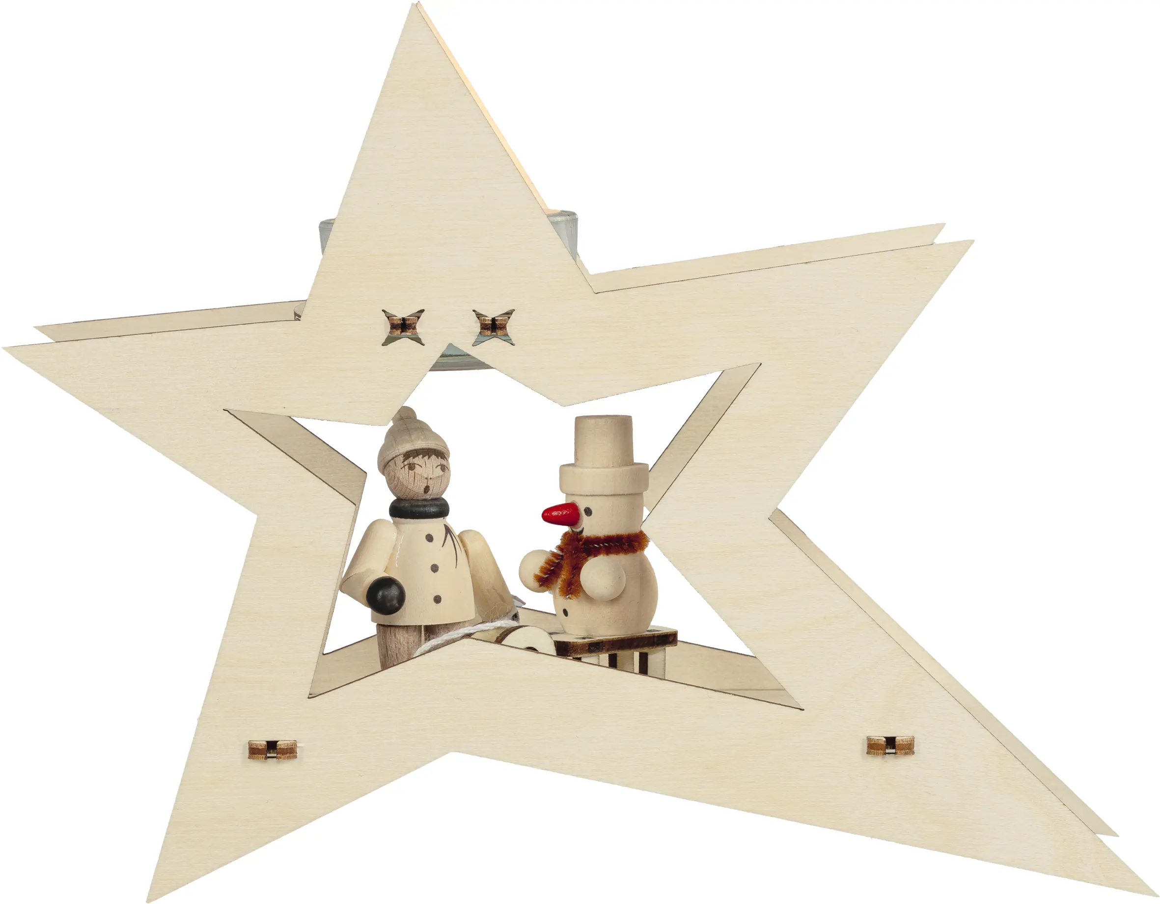Saico Dekoaufsteller Stern Winterkind mit Schlitten mit 1 Teelichthalter 20 x 15 cm natur