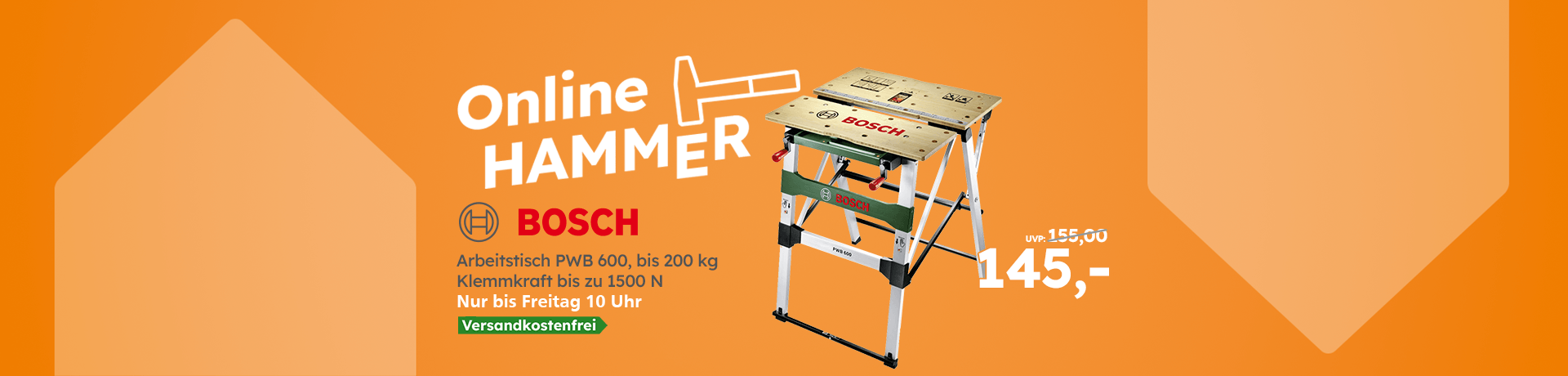 „Online HAMMER“: Bosch Arbeitstisch PWB 600 bis 200 kg, Klemmkraft bis 1.500 N, für 145 €, versandkostenfrei bis Freitag 10 Uhr.